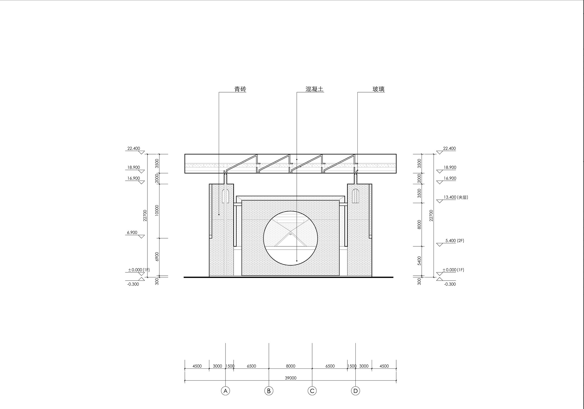 Section drawing showing a central circular opening in the wall plane with exposed structural truss above