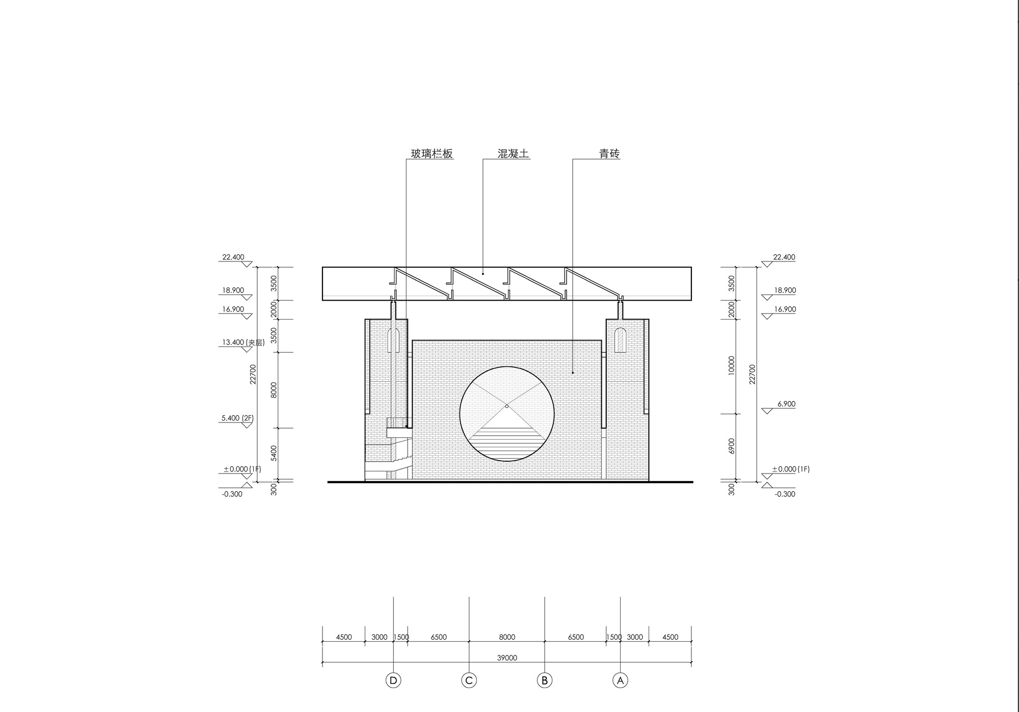 Section drawing showing the circular wall opening with a vertical column detail on the left side
