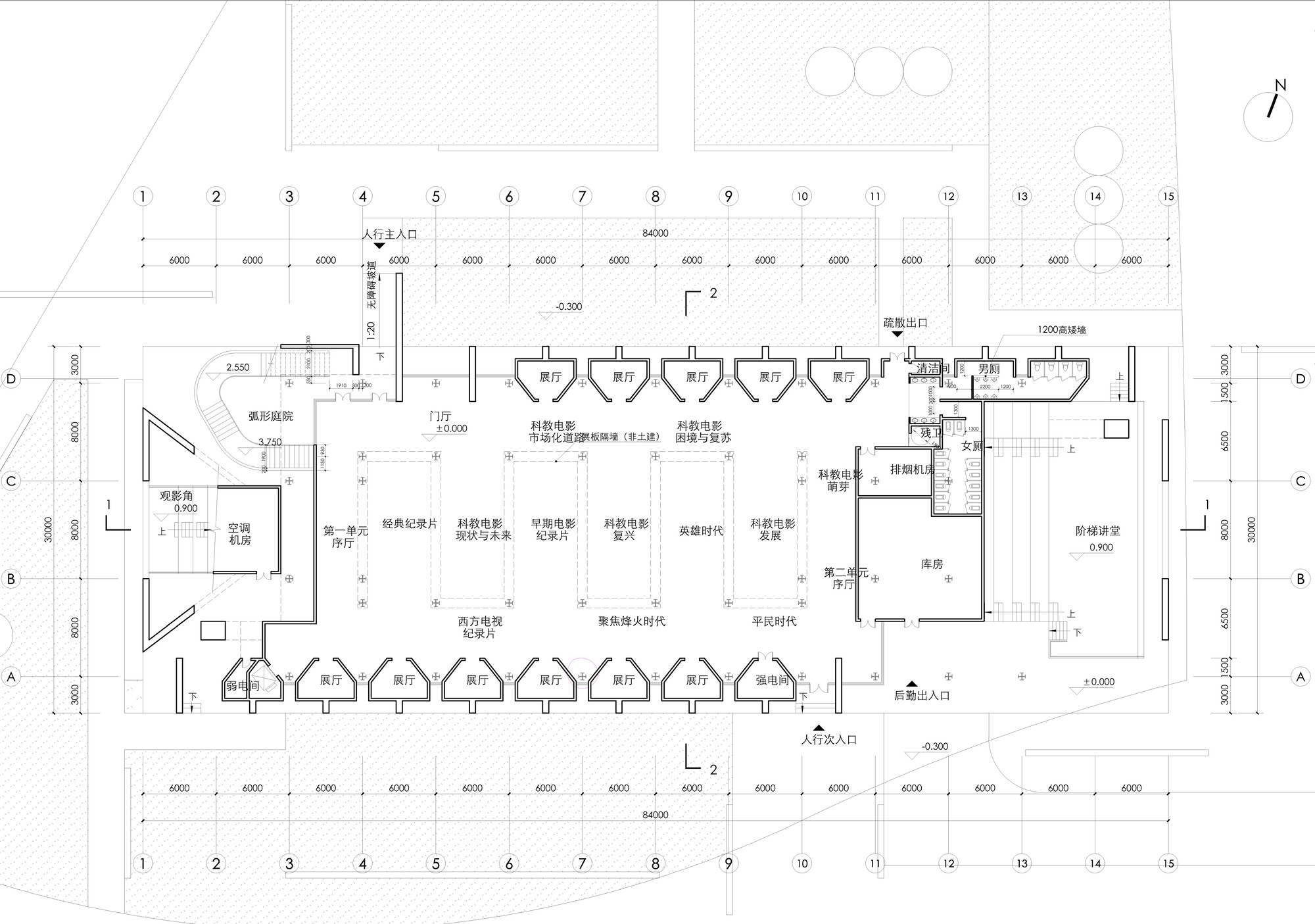 Floor plan drawing showing arched alcoves along two corridors enclosing central functional zones