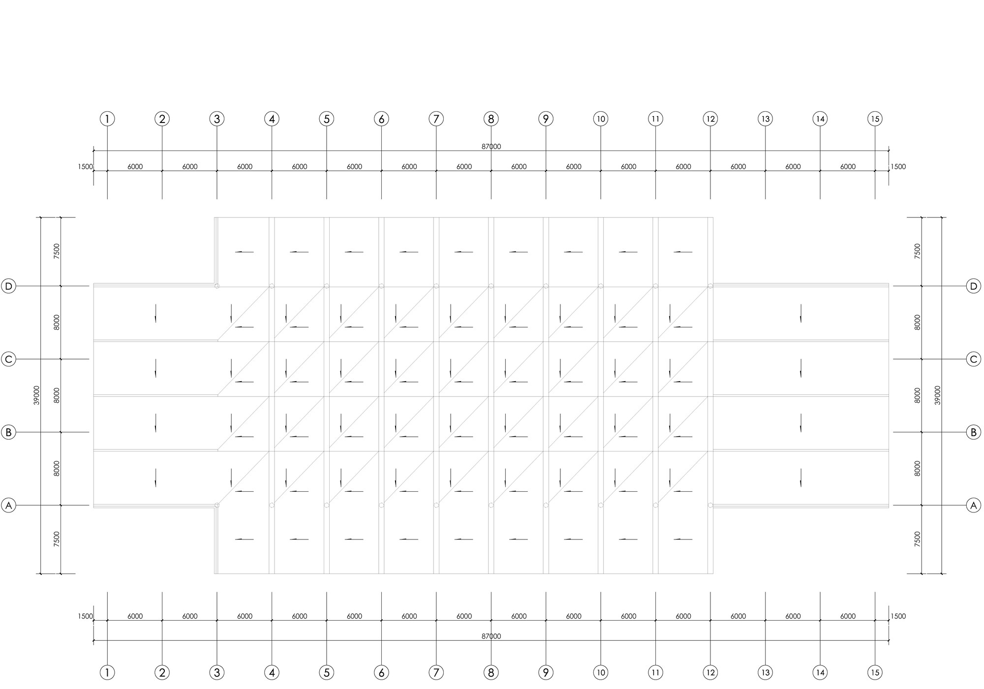 Structural floor plan showing the column grid and beam layout with dimensional annotations
