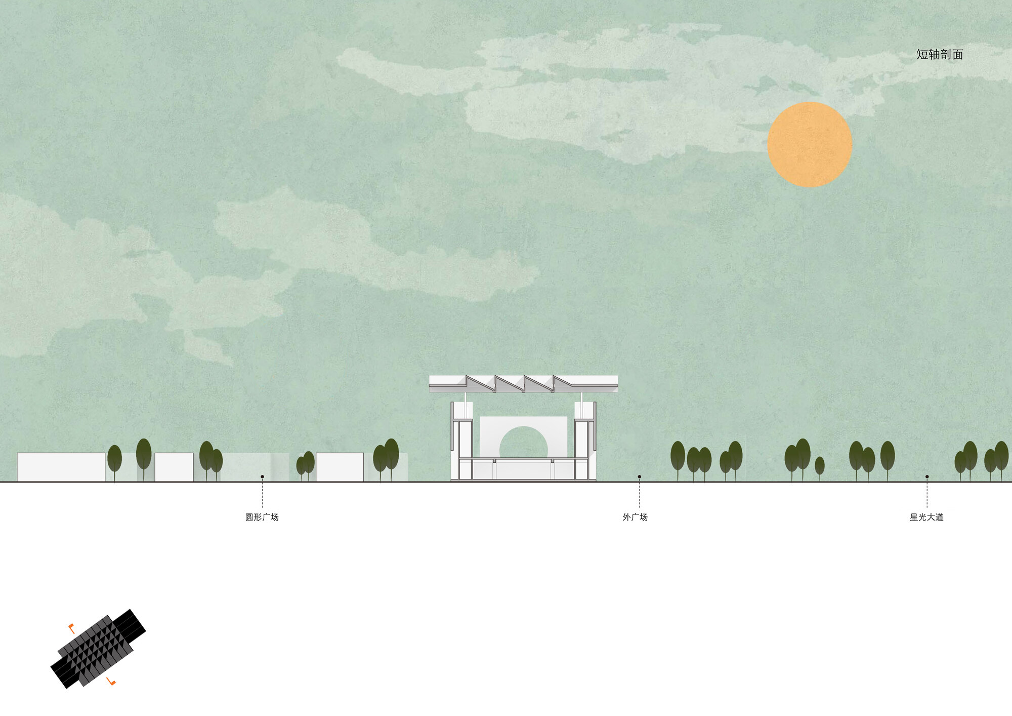 Elevation drawing showing the building with a central arched opening under an illustrated sun