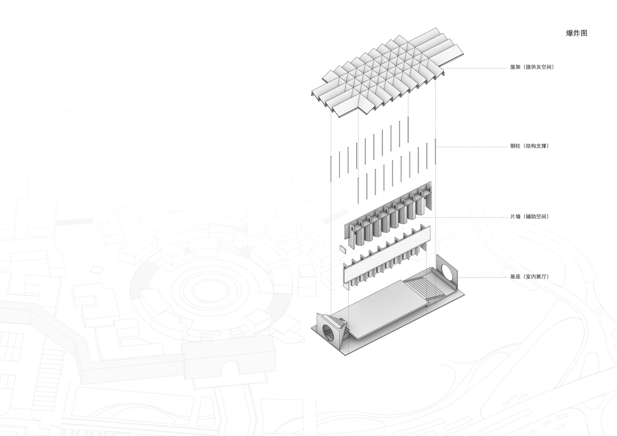 Exploded axonometric drawing illustrating the layered roof, steel frame, and base components