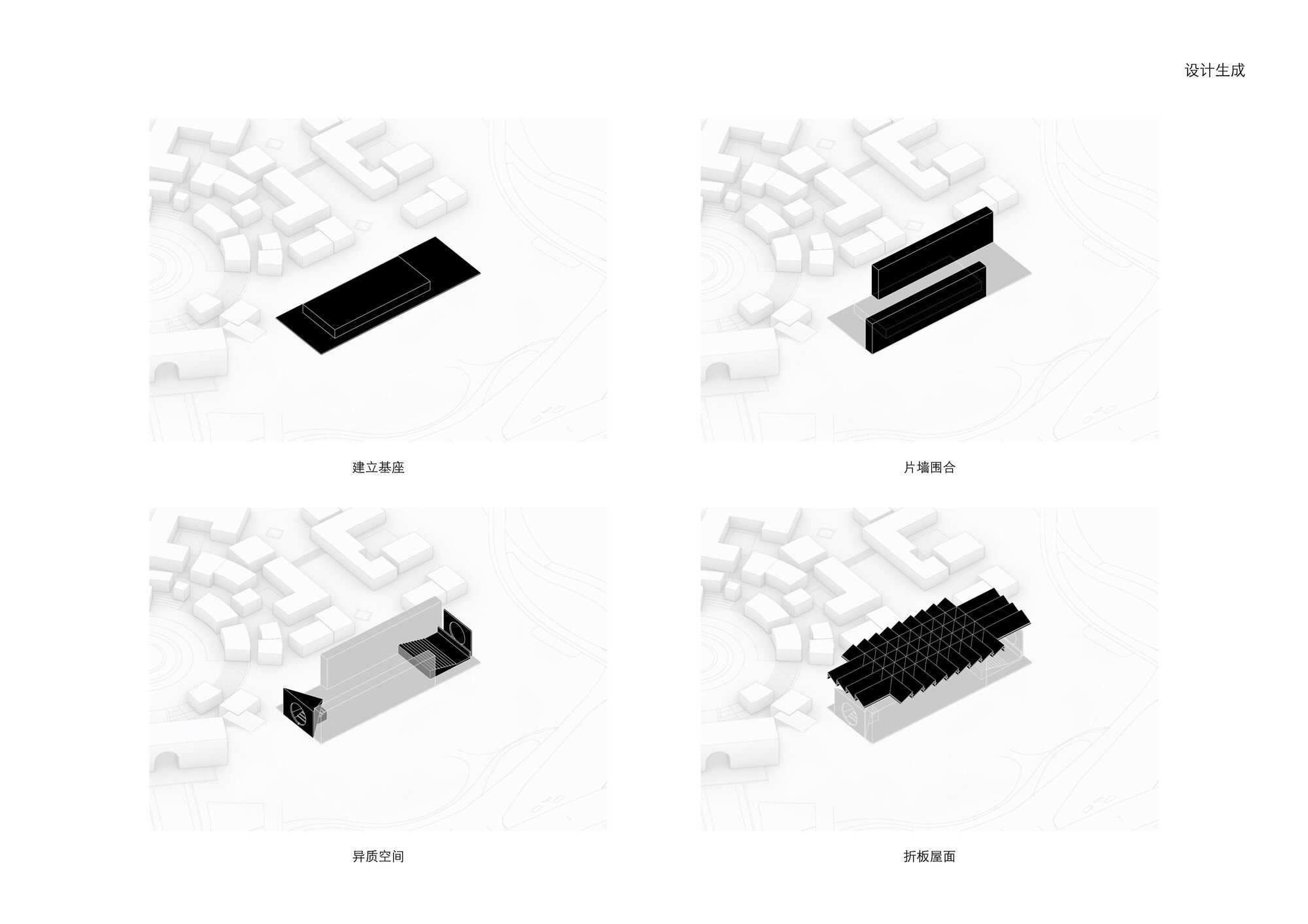 Four axonometric diagrams illustrating design development from solid volume to lifted mass to courtyard insertion to sawtooth roof