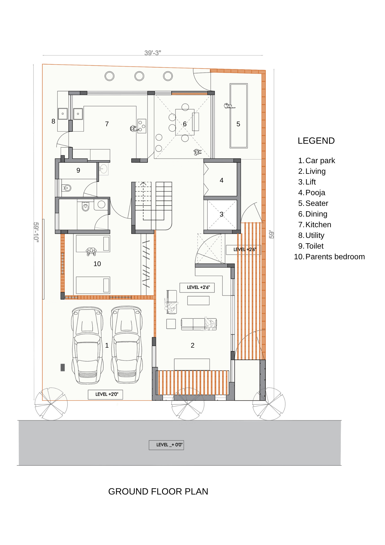 Ground floor plan drawing showing the layout with car park, living spaces, and central staircase