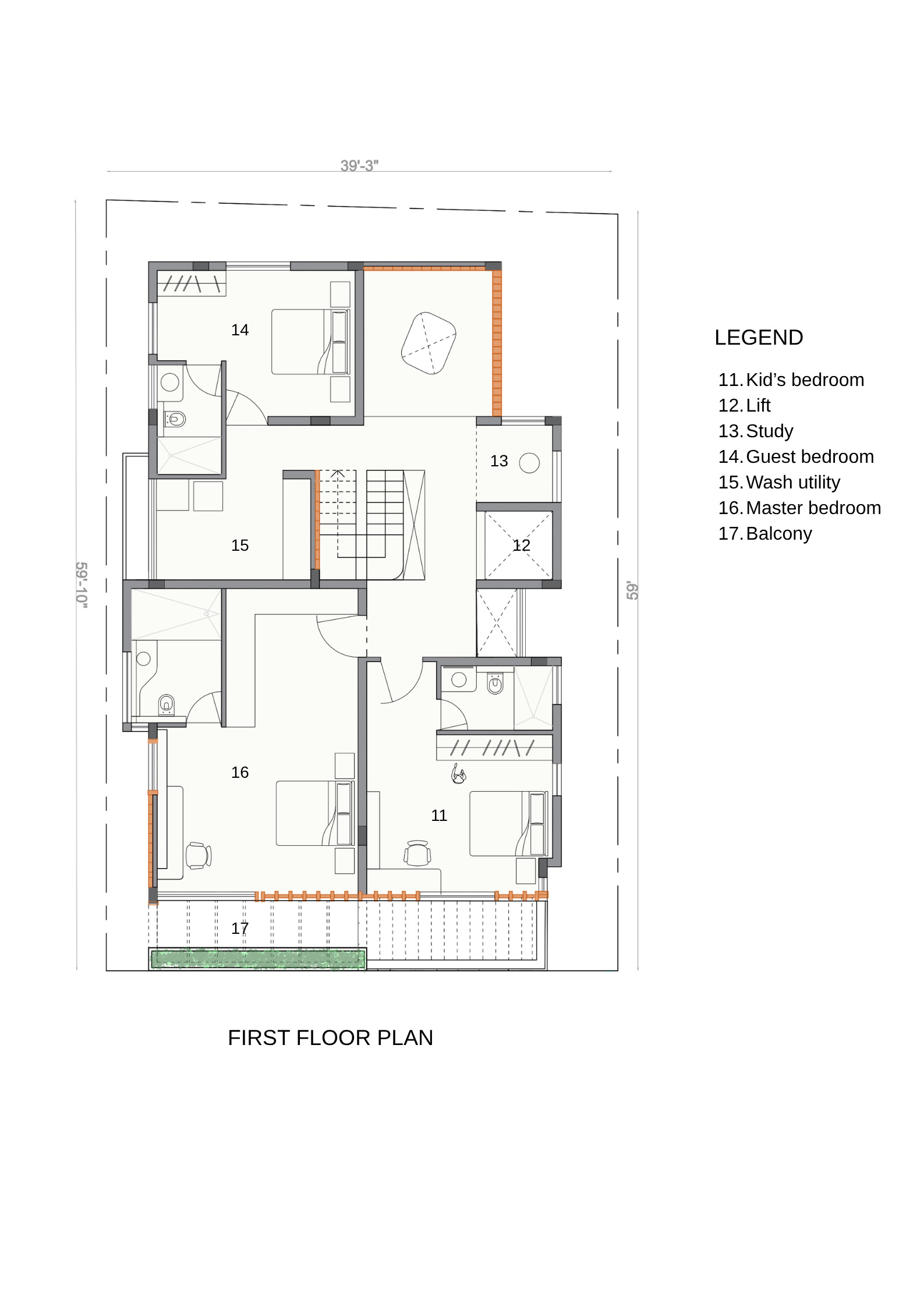First floor plan drawing depicting bedrooms, balcony, and central circulation around the stair core