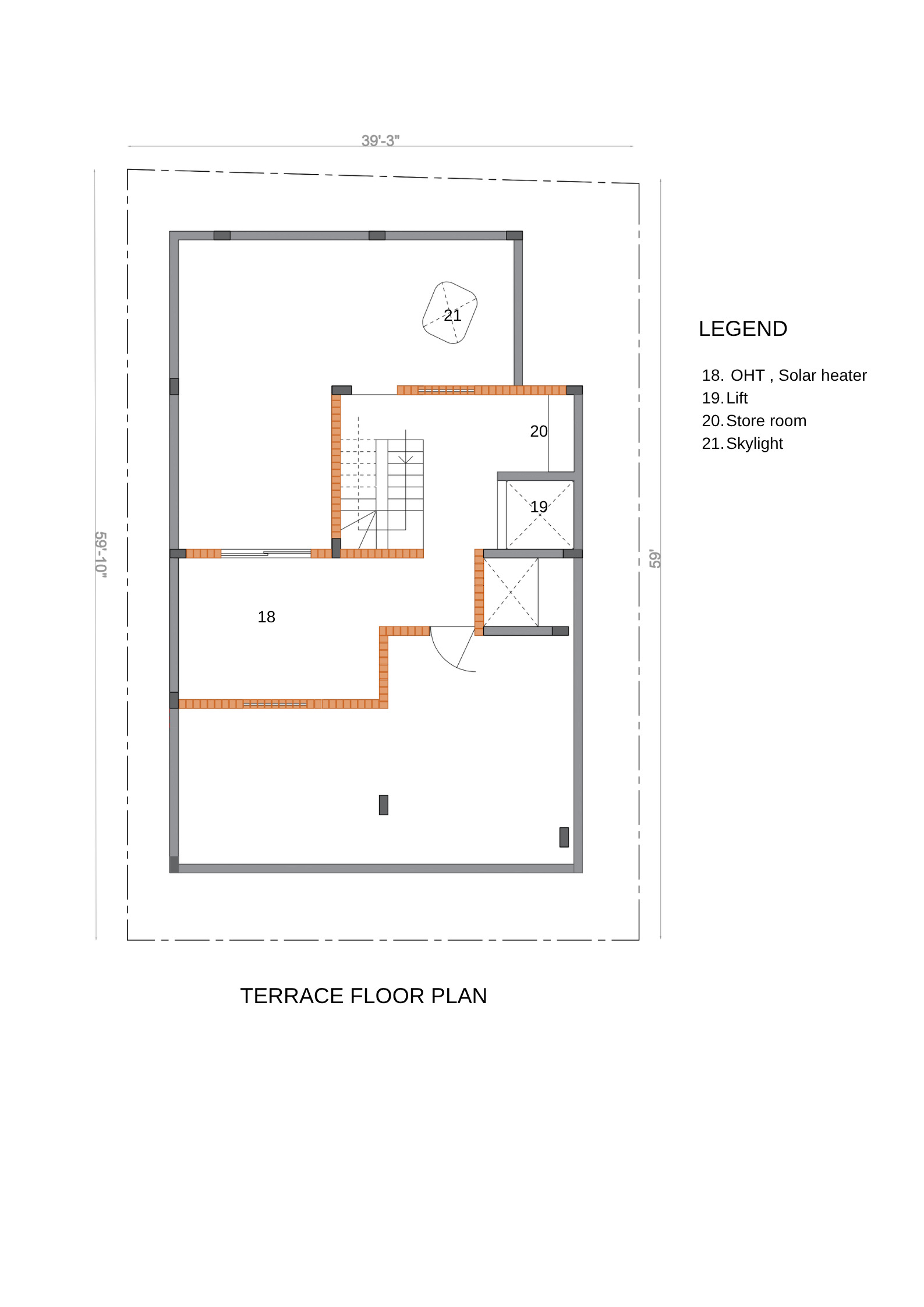 Terrace floor plan drawing indicating an open area with storage room and rooftop skylight