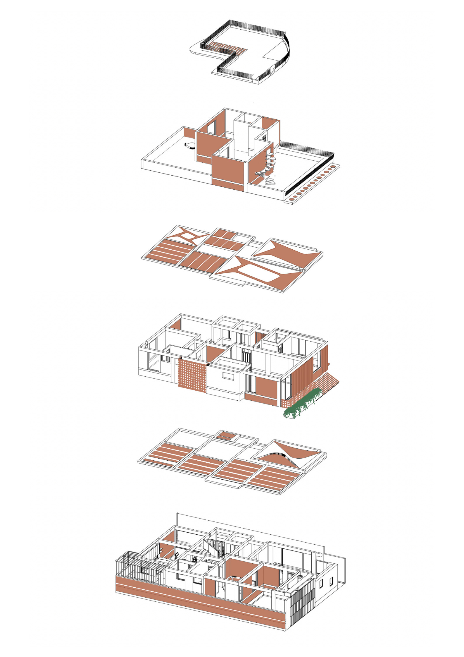 Exploded axonometric drawing showing the layered construction of floors, walls, and roof elements
