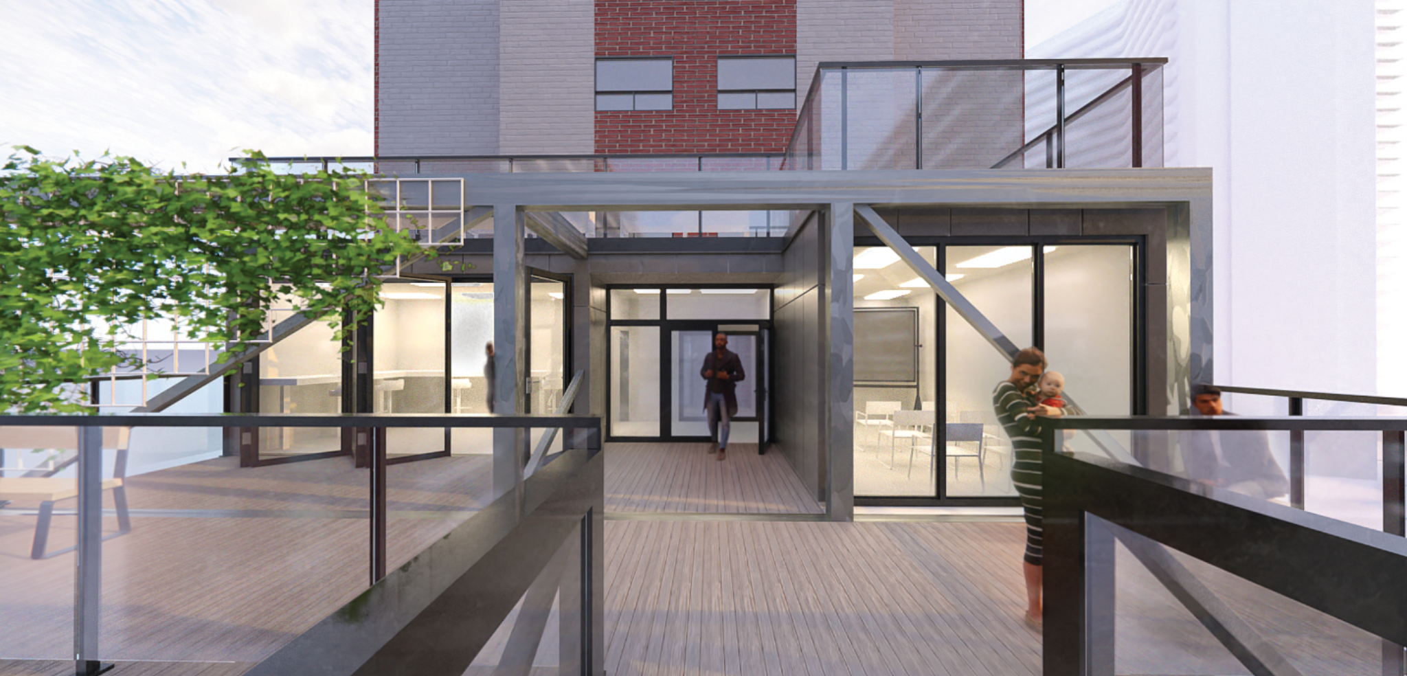 Lightweight steel-framed hub integrates greenery and shared community spaces.