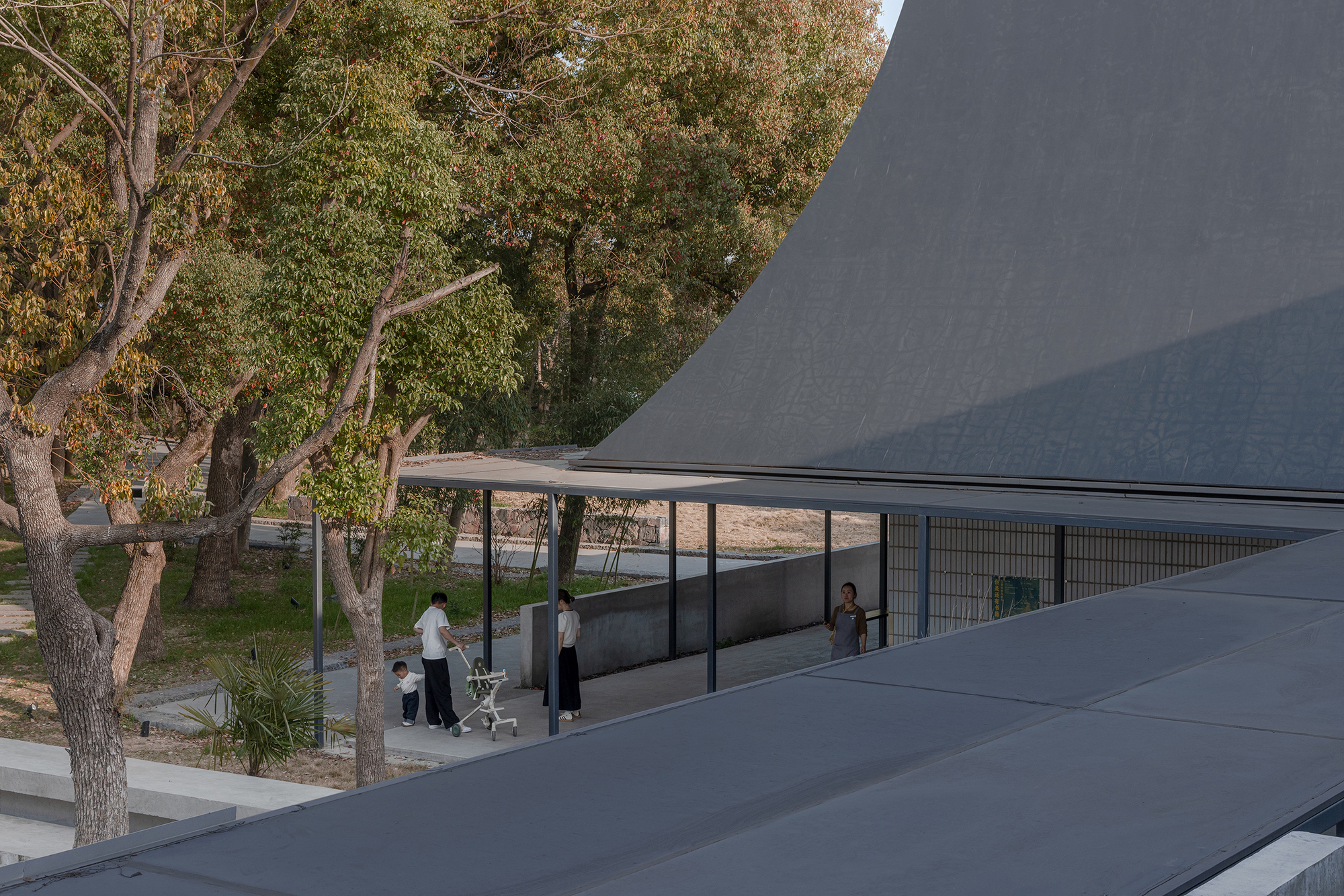 Curved gray roofscape framing a glass pavilion sheltered beneath mature trees with visitors below