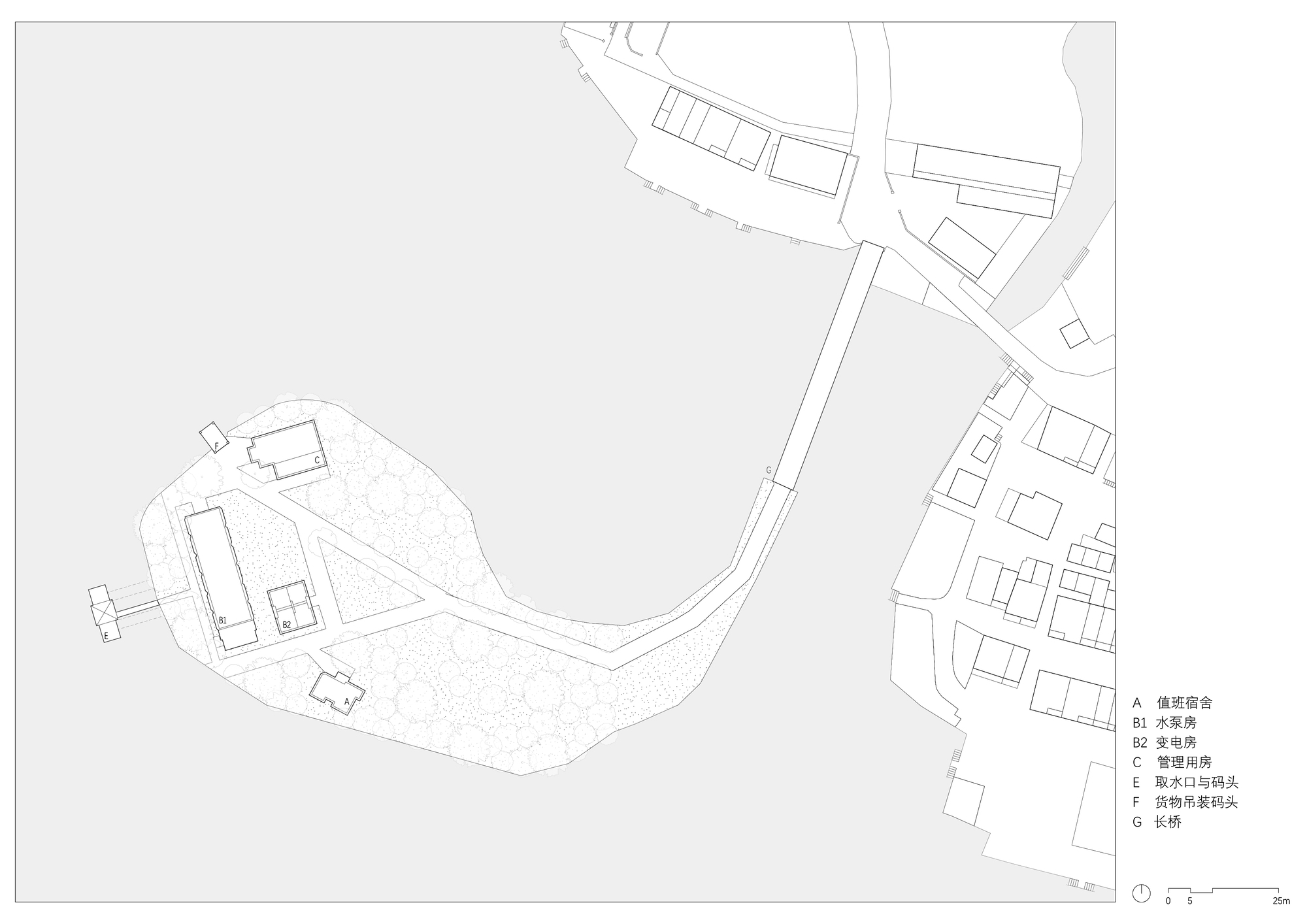 Site plan drawing showing structures on an irregular curved plot adjacent to an access road
