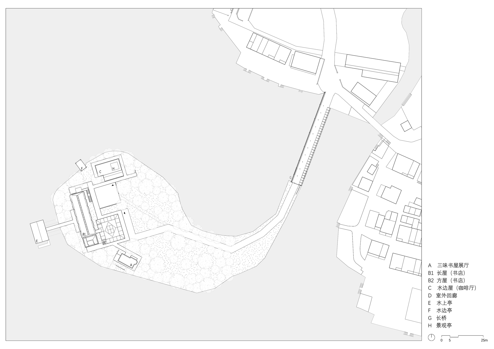 Site plan drawing showing rectilinear volumes and courtyards within a curved landscaped site