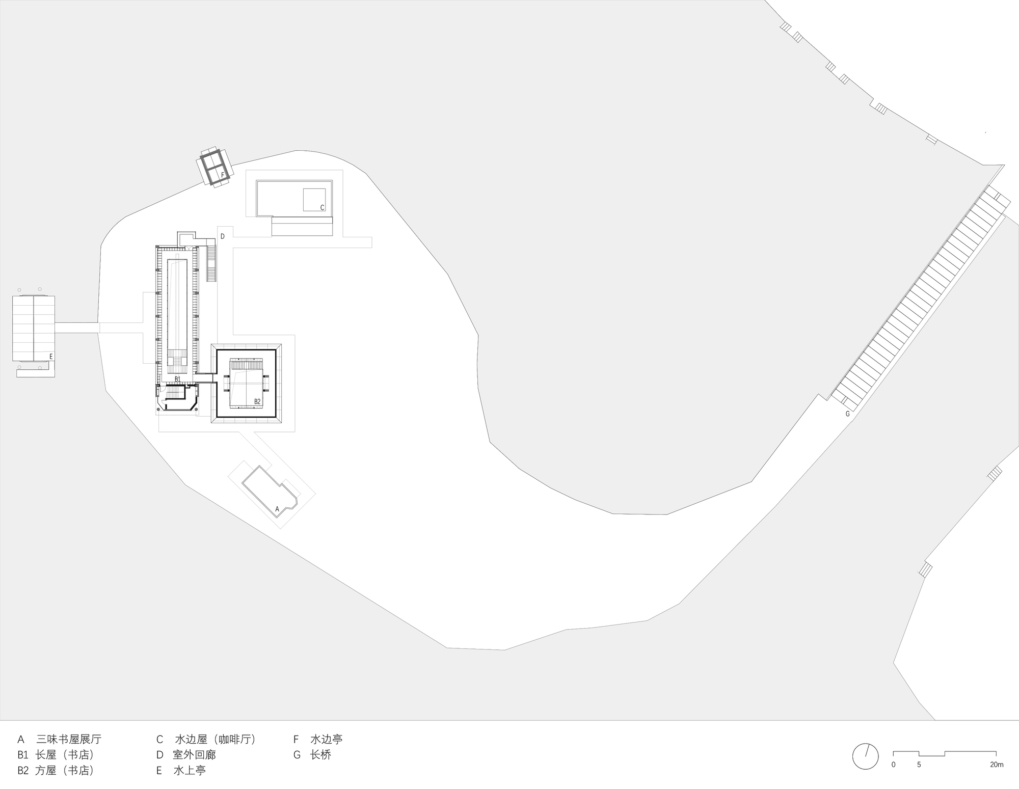 Site plan drawing showing clustered building volumes along a curving boundary with a long access road