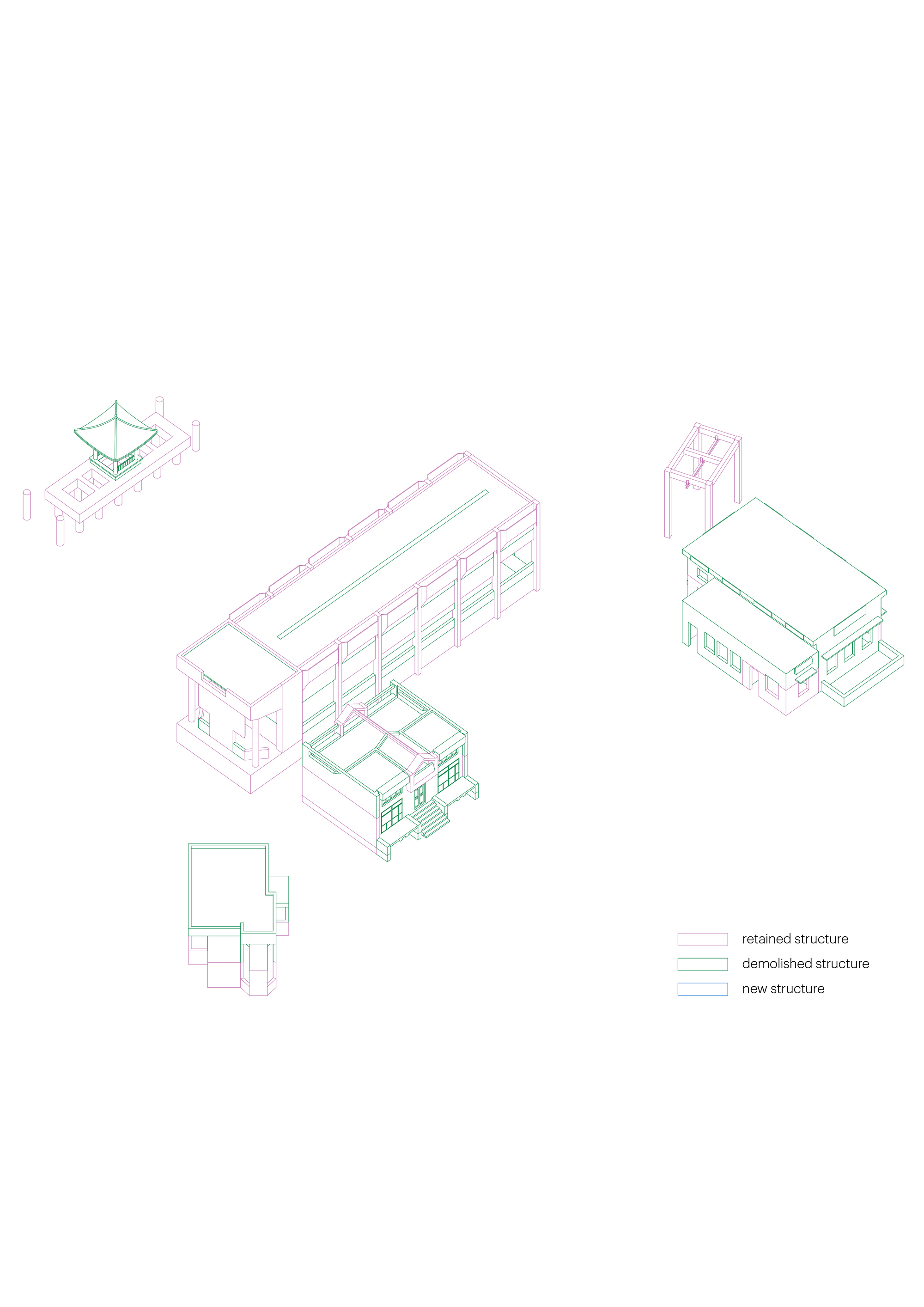 Axonometric drawing illustrating retained and new structures in color-coded outlines with detached volumes