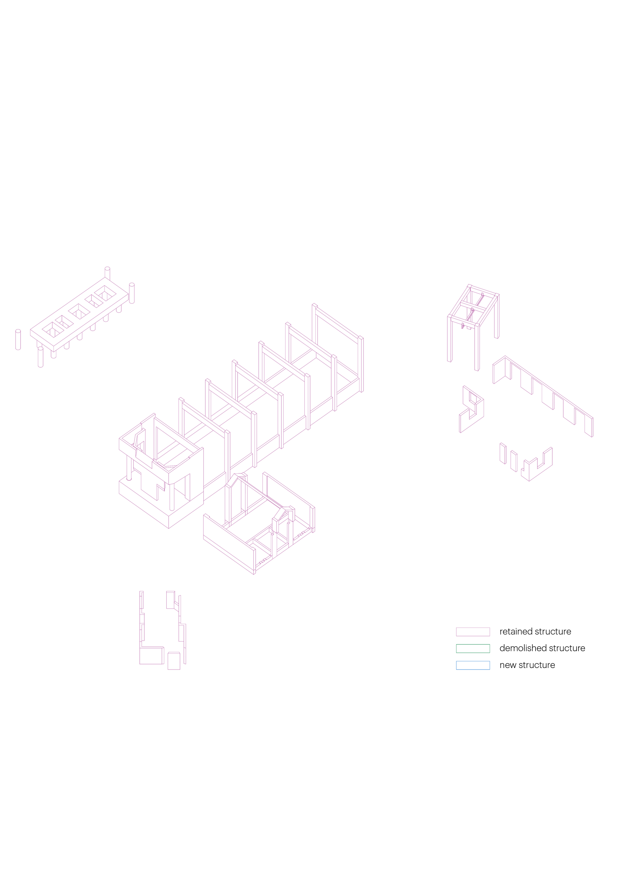 Axonometric drawing showing demolished structure frameworks in purple line work with scattered building fragments