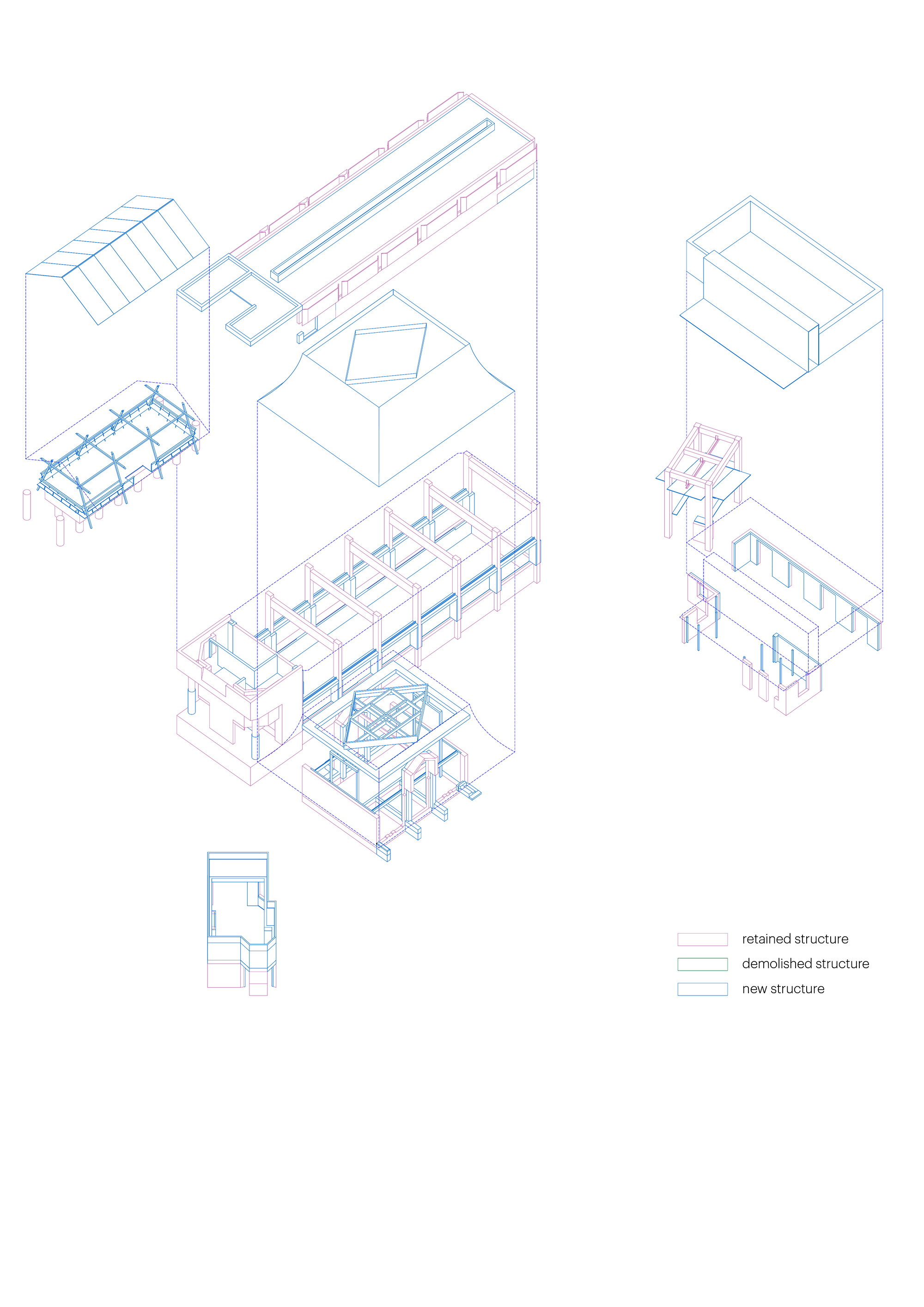 Exploded axonometric drawing displaying layered floor plates and roof structures in blue and purple linework
