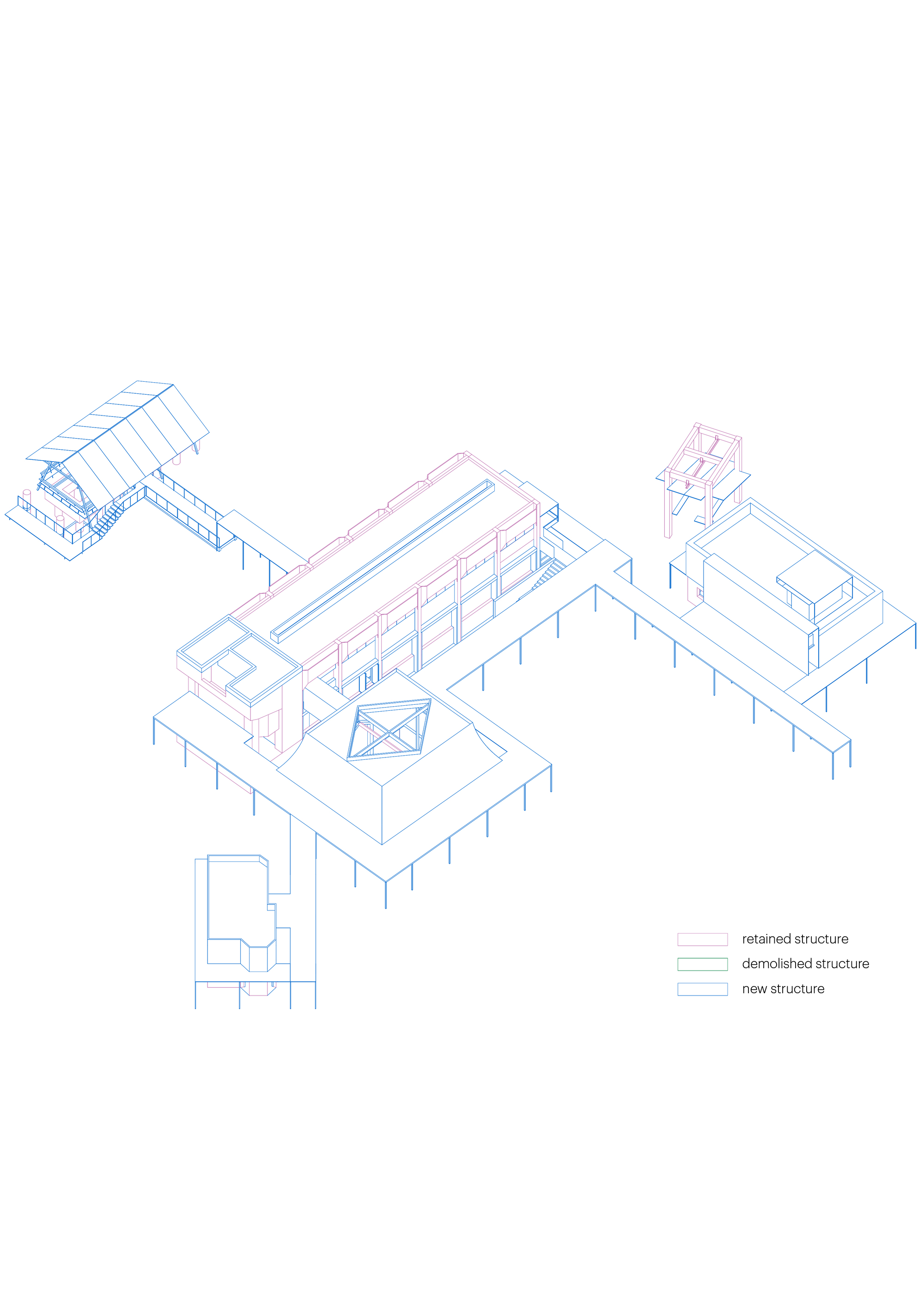 Axonometric drawing presenting assembled building volumes with raised floor platforms and central courtyard void