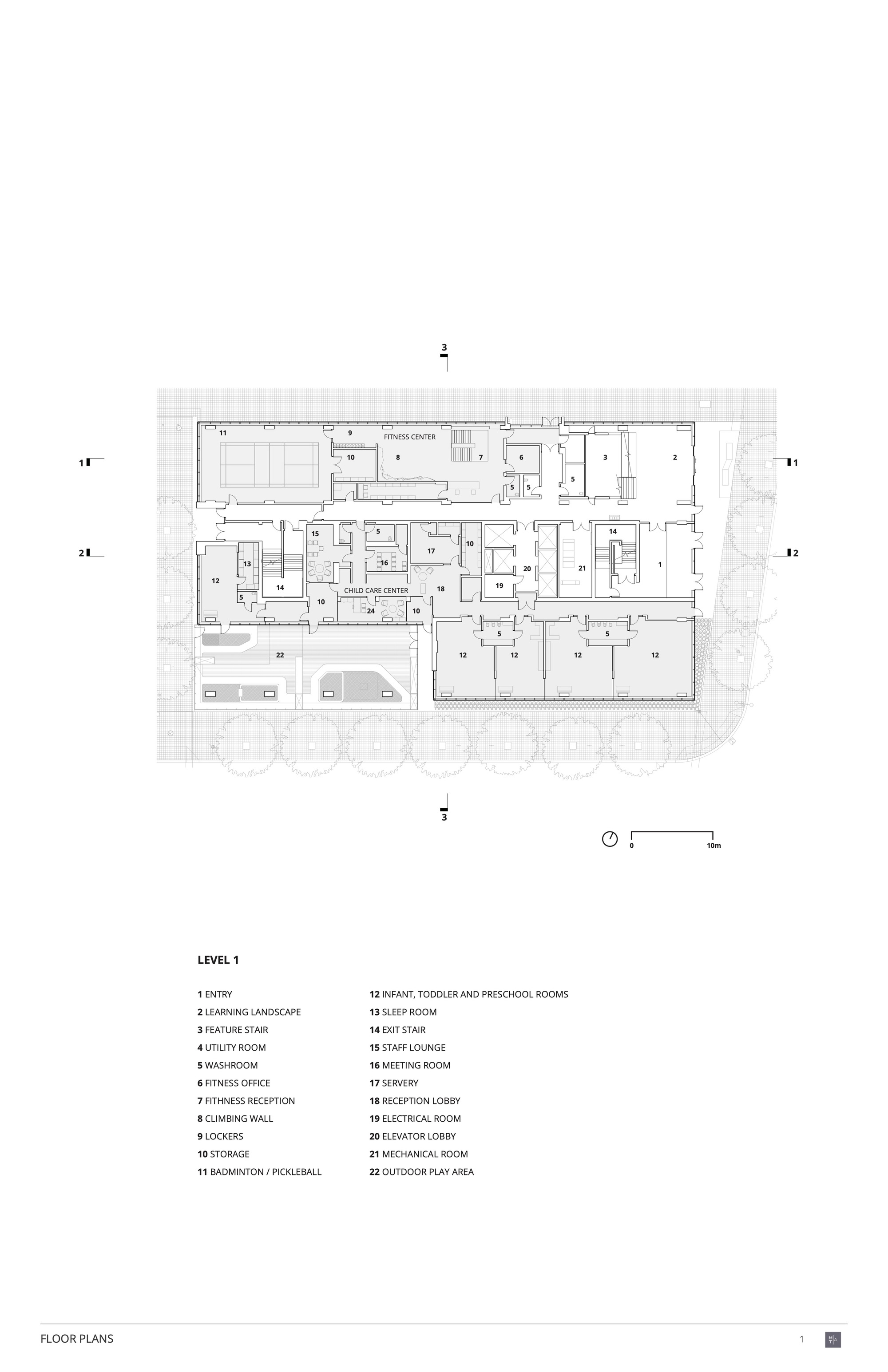 Ground floor plan drawing showing entry lobby, learning landscape, classrooms, and support spaces with legend