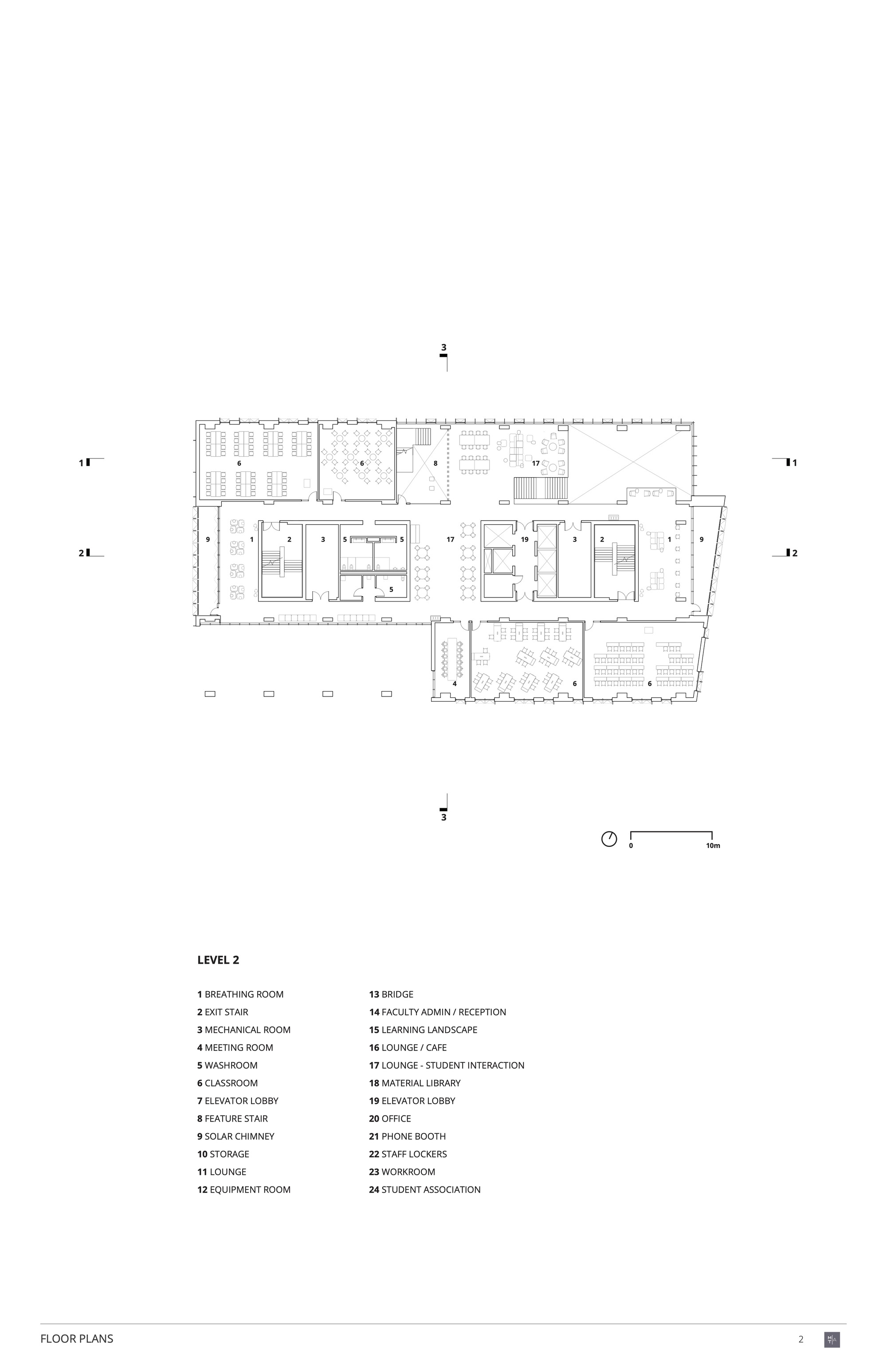 Second floor plan drawing showing bridge, stair, mechanical room, and various programmed spaces with legend