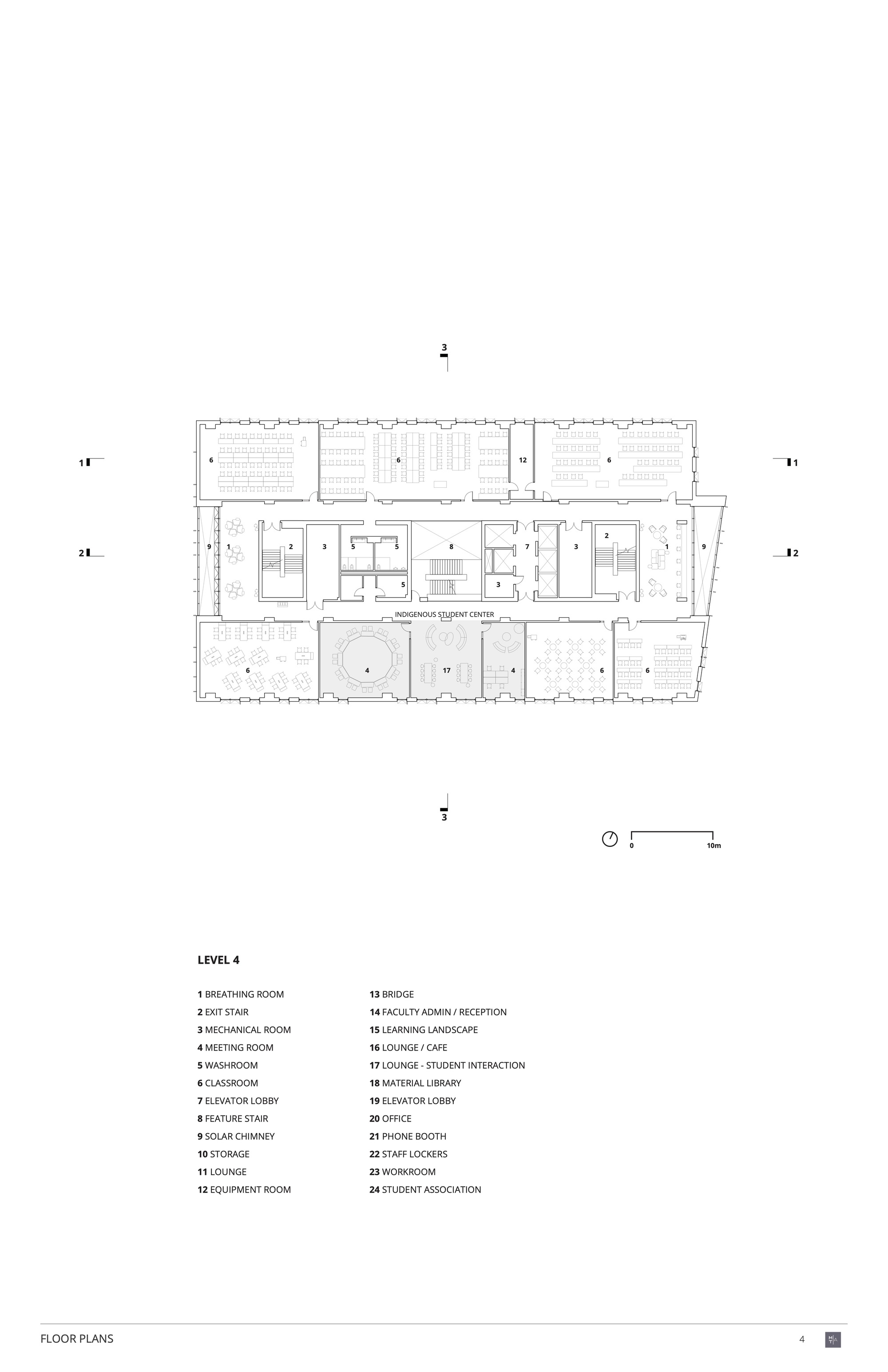 Floor plan drawing showing classrooms, breakout rooms, and lounge spaces arranged in a linear configuration