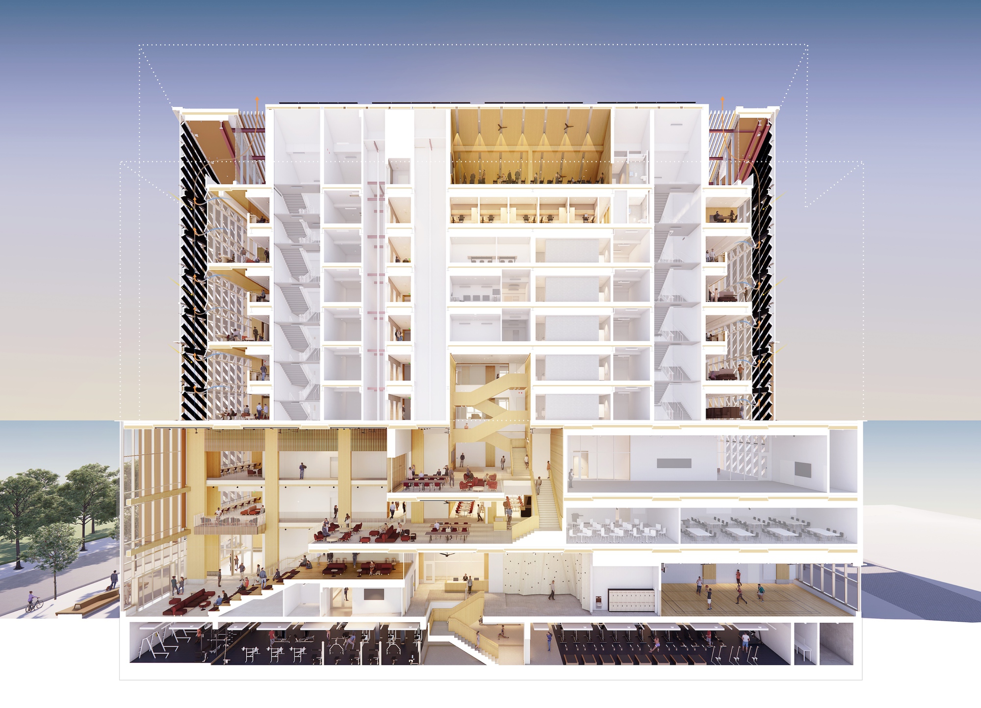 Cutaway rendering revealing interior program spaces across multiple floors with people occupying various rooms