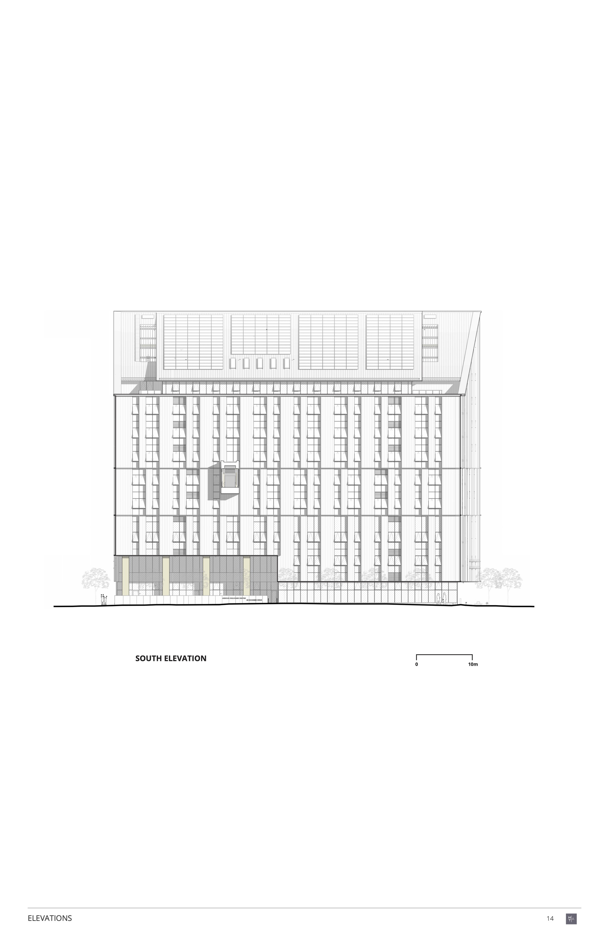 South elevation drawing displaying the fenestration pattern and massing of the multi-story volume