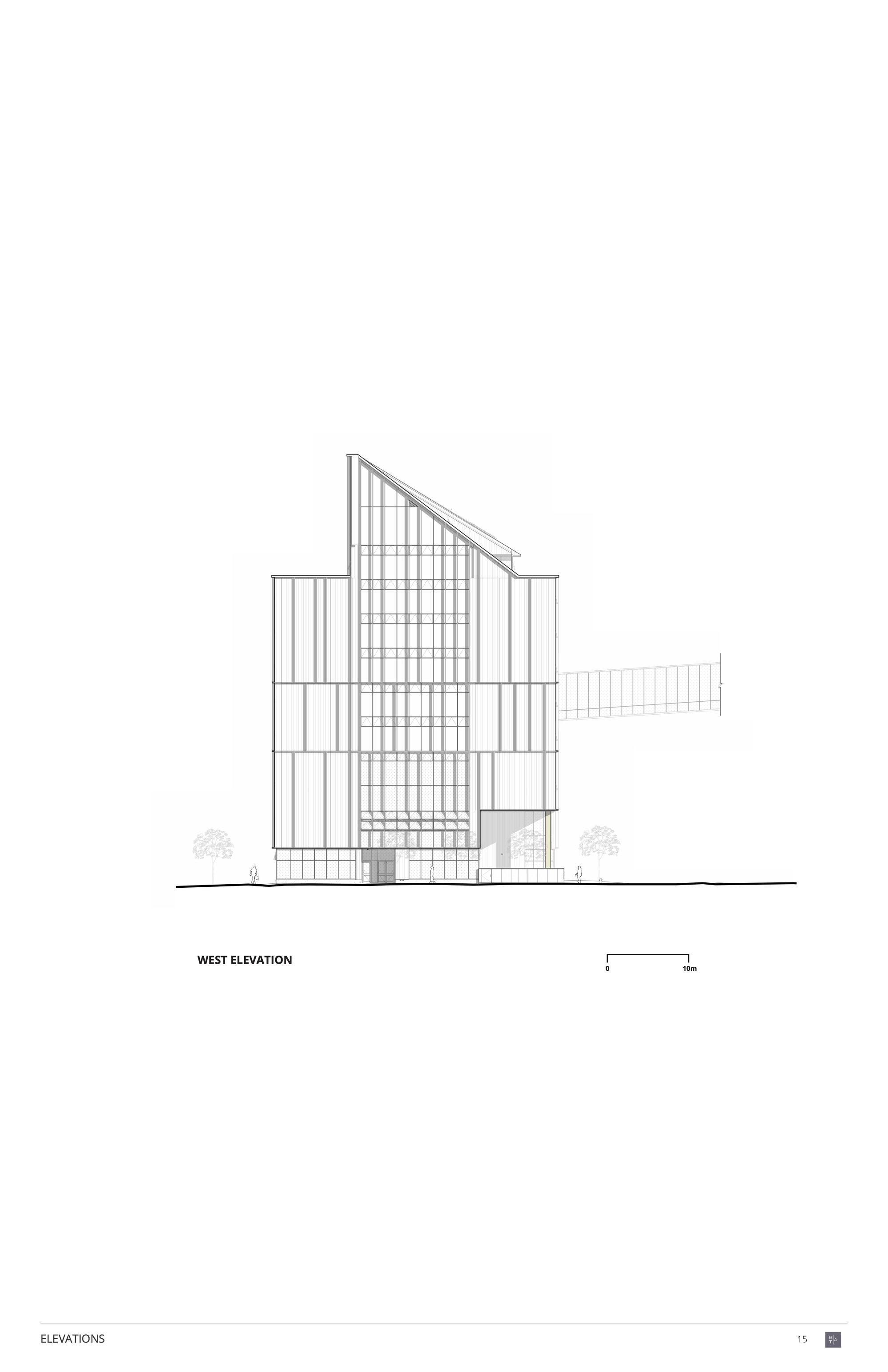West elevation drawing showing a slanted roofline and glazed facade with vertical framing elements