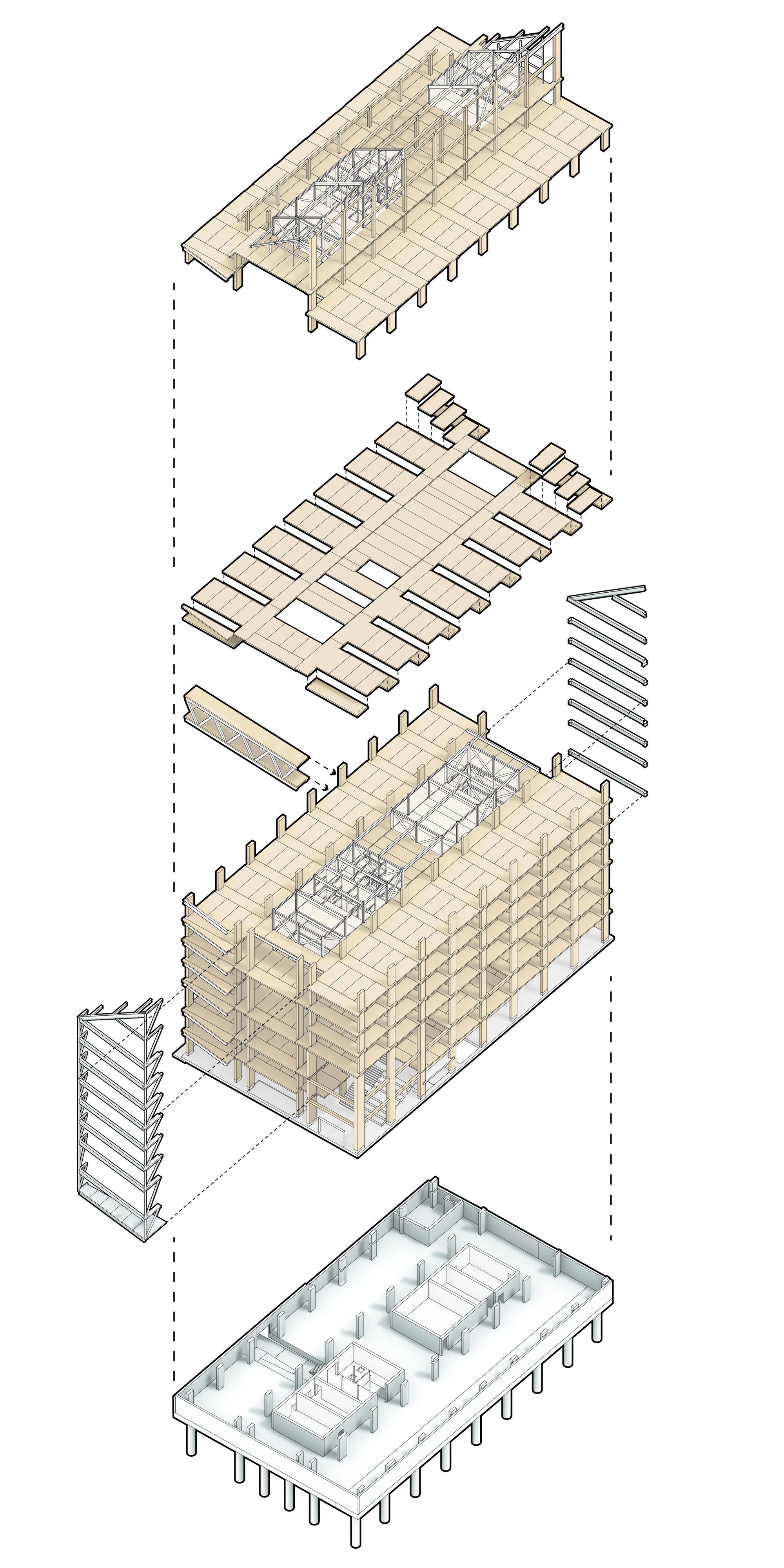 Exploded axonometric drawing showing timber structural layers and floor plates with interior partitions