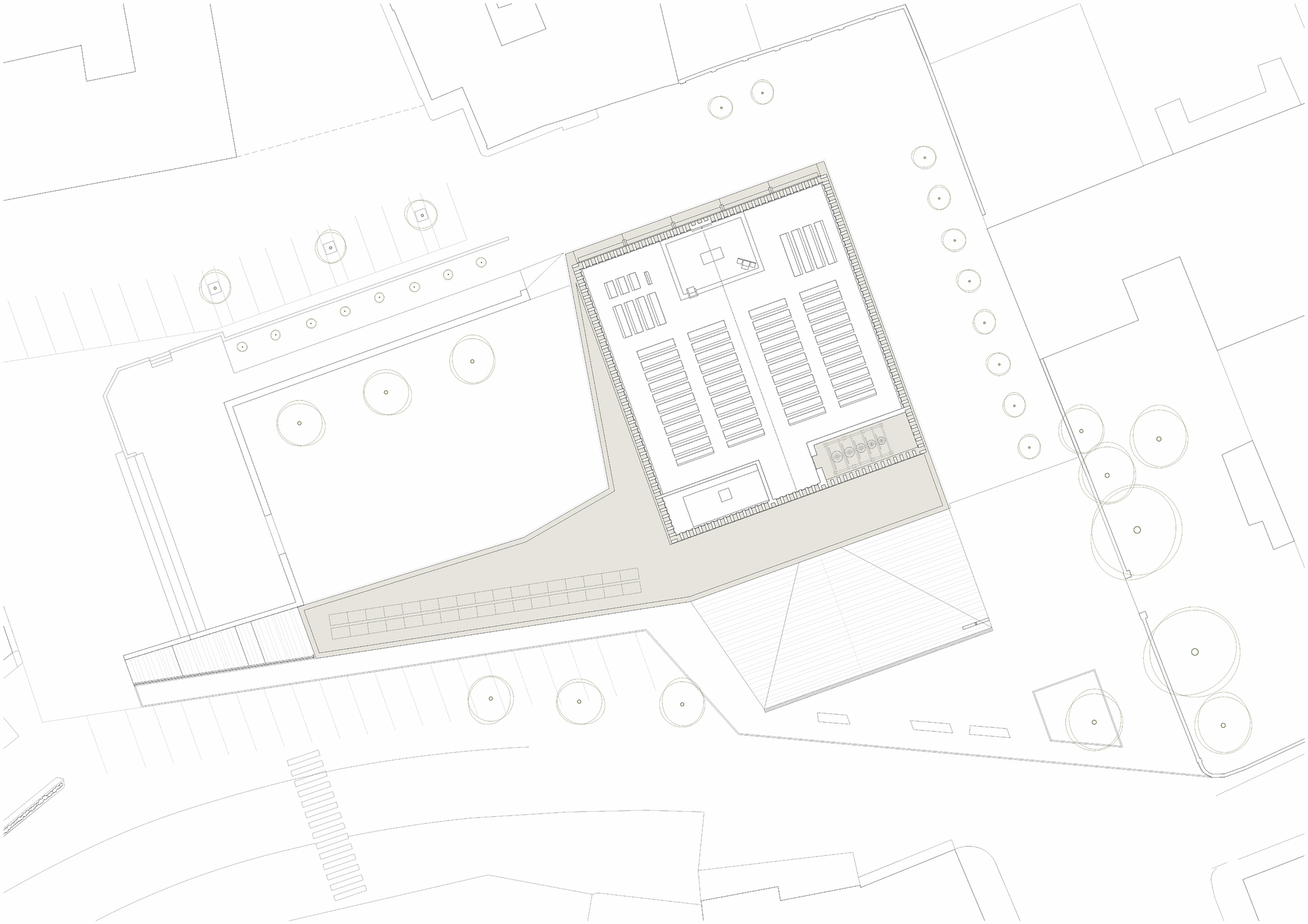 Floor plan drawing showing the building layout with worship hall and connecting entrance corridor