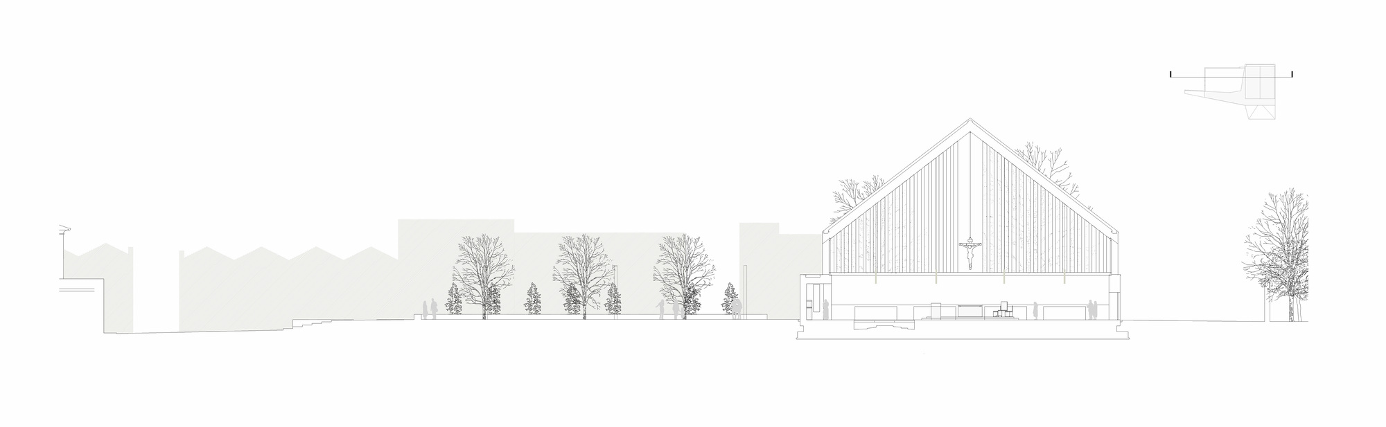 Elevation drawing showing a gabled volume with vertical cladding flanked by rows of bare deciduous trees