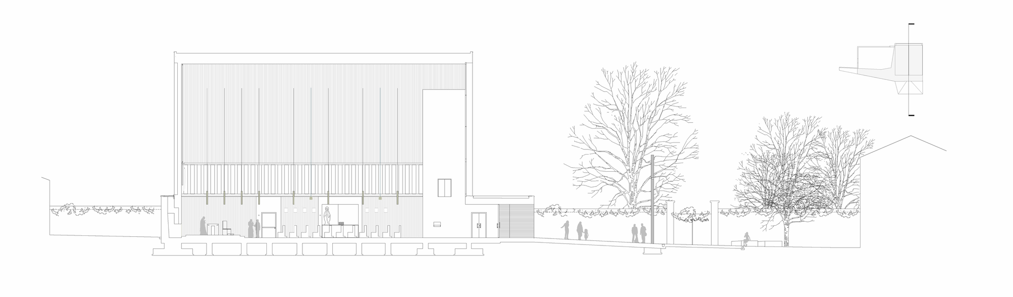 Section drawing depicting a tall gabled hall with exposed interior structure and adjacent bare trees