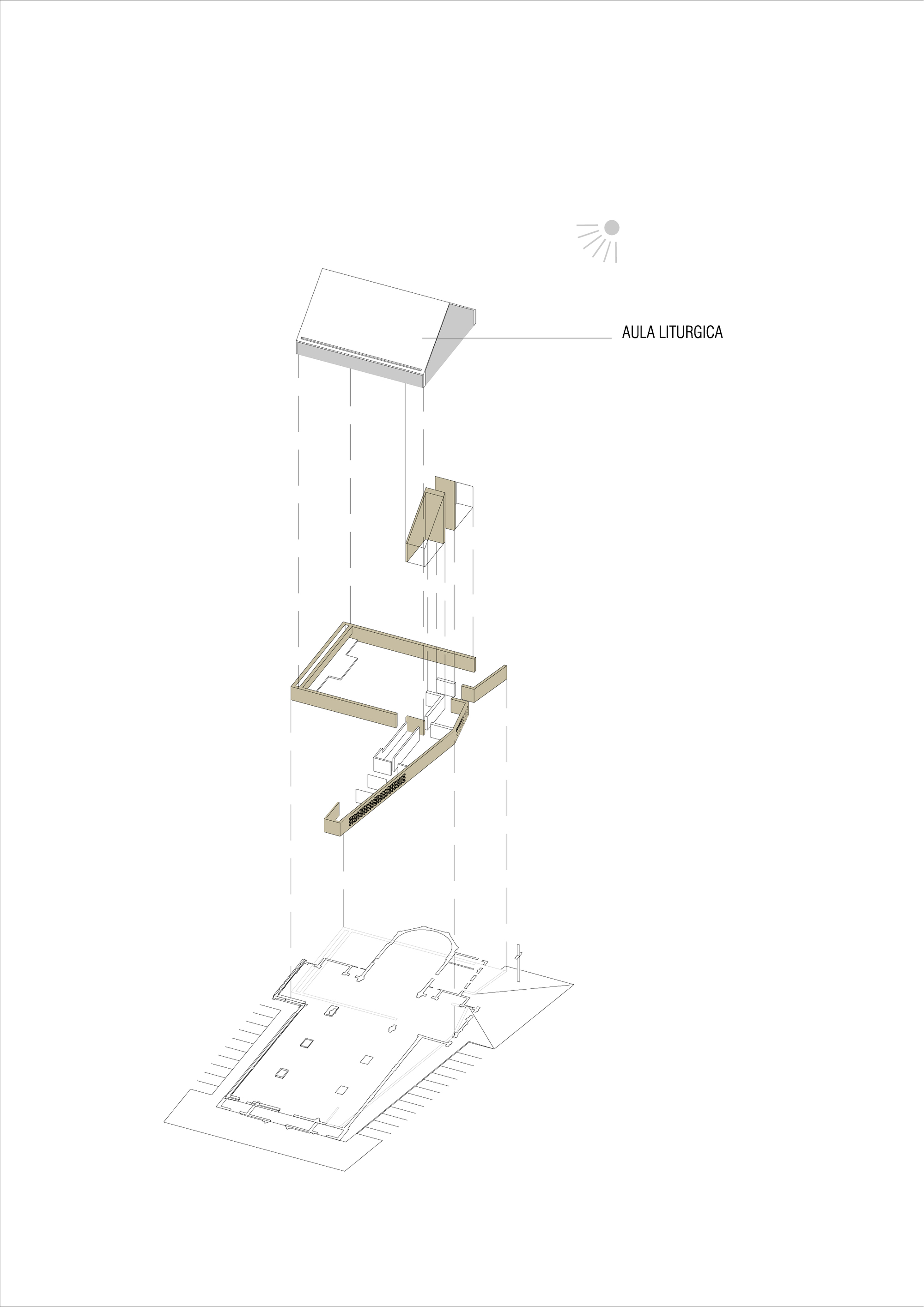 Exploded axonometric drawing illustrating three stacked levels including timber mezzanines and a ground floor plan
