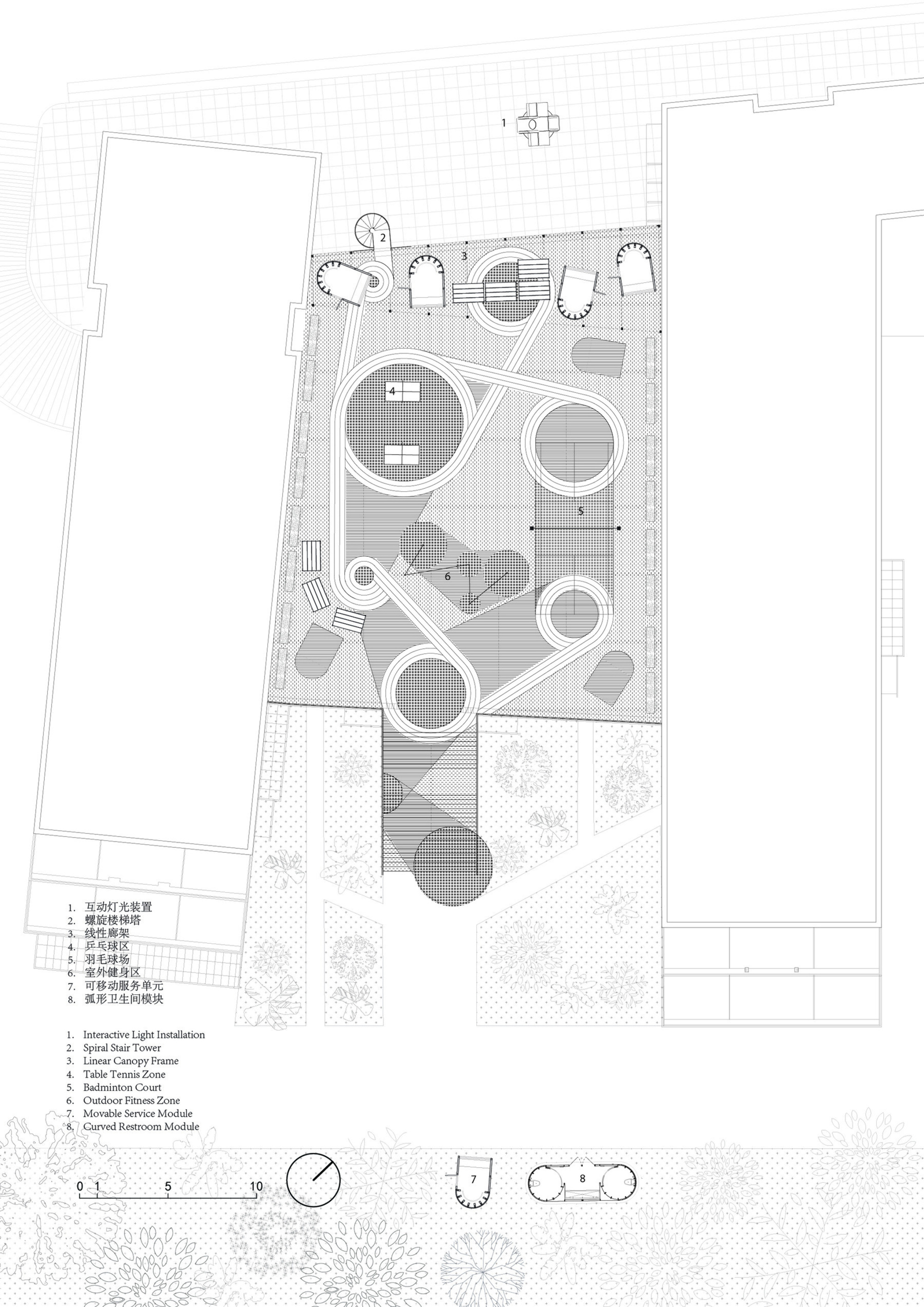Roof plan drawing displaying circular and curvilinear play elements arranged across the upper courtyard surface