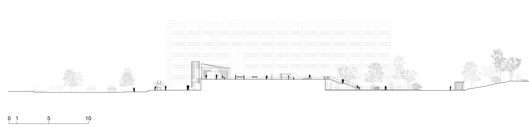 Section drawing showing the building profile with sloped terrain and surrounding trees in elevation