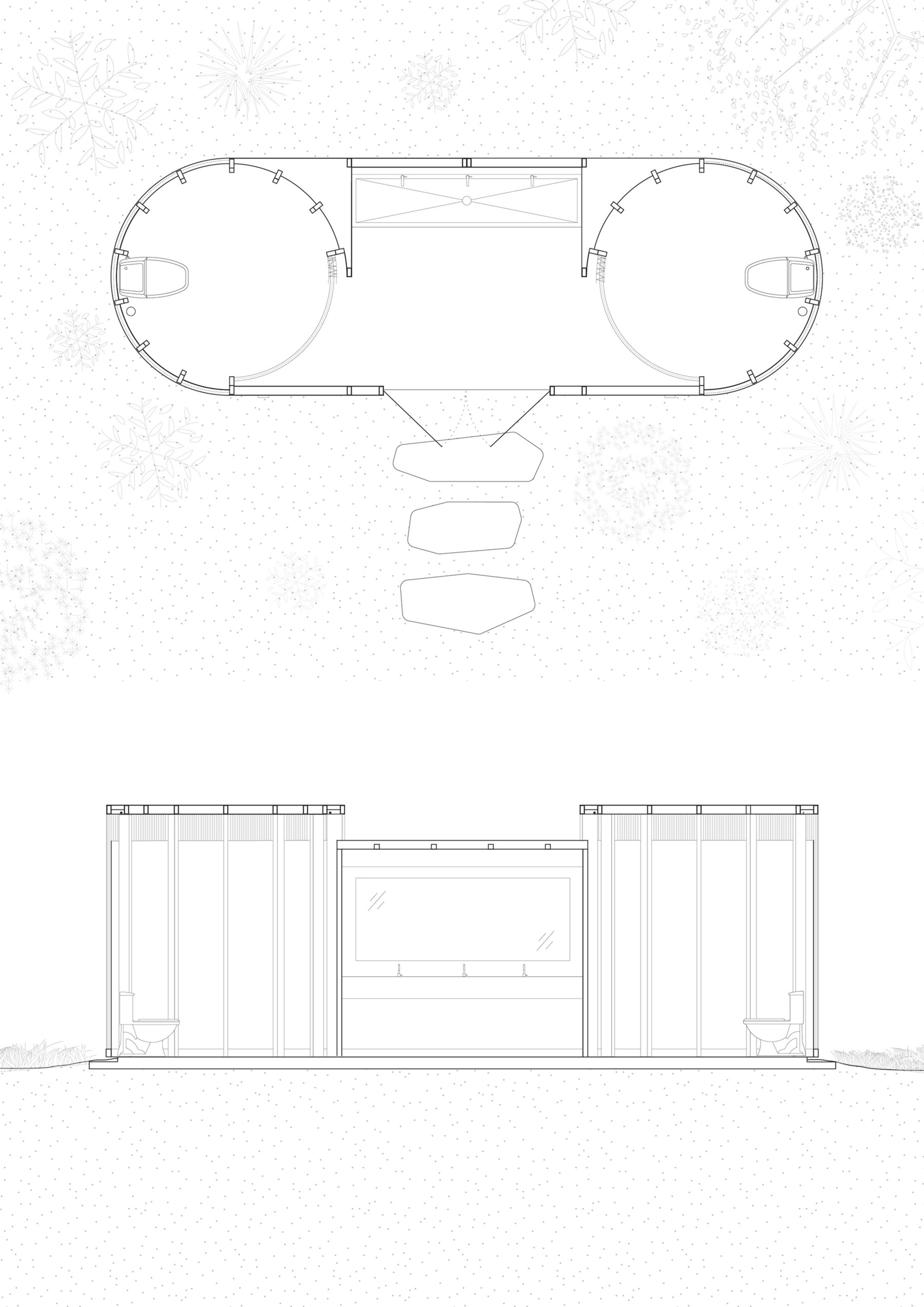 Floor plan and elevation drawing showing a capsule structure with two circular volumes flanking a central core