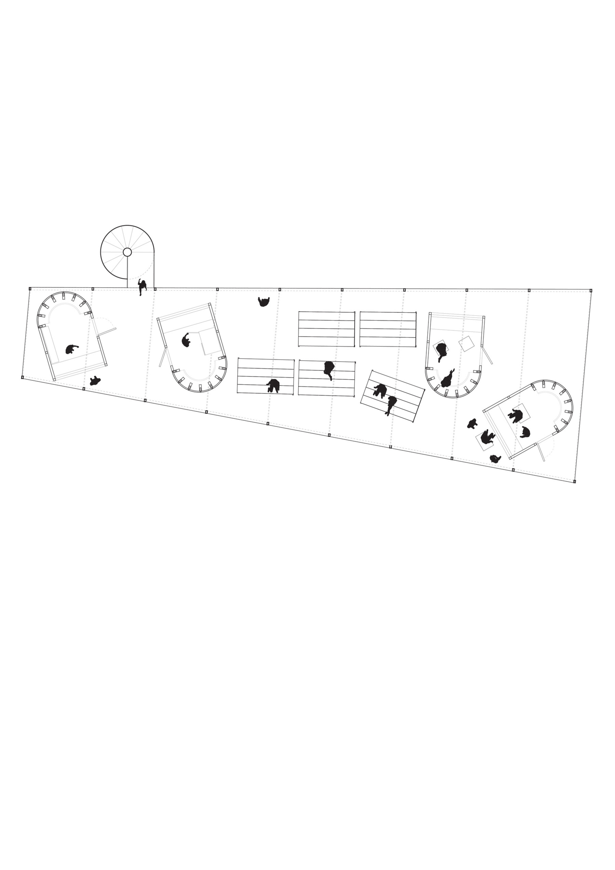 Floor plan drawing showing circular and stepped terrace spaces with scattered human figures throughout the layout