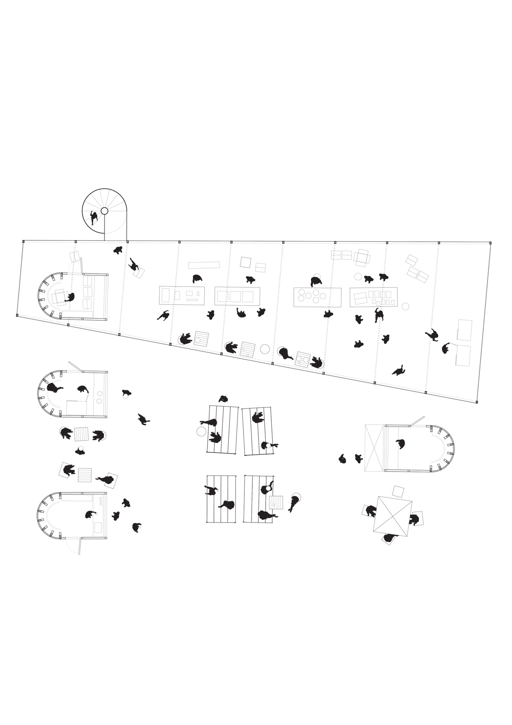 Composite site plan drawing showing multiple circular and rectangular modules with figures populating the interior and exterior zones