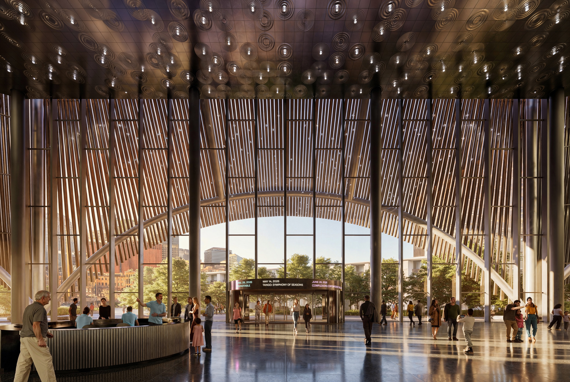 Interior lobby with vertical wooden slat curtain and patterned acoustic ceiling lit by suspended globe pendants