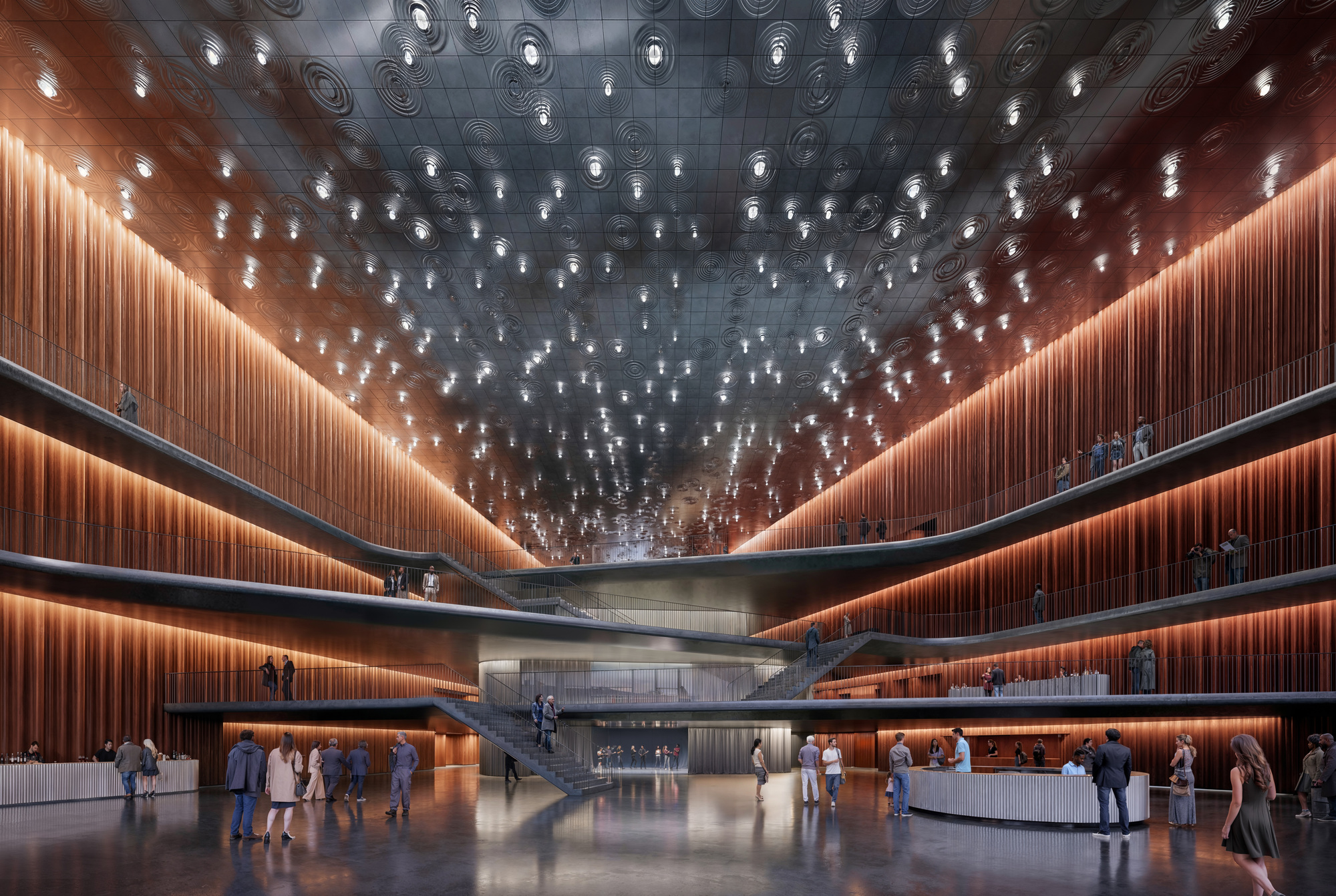 Multi-level foyer with backlit vertical timber screens, crossing bridges, and a patterned acoustic ceiling overhead