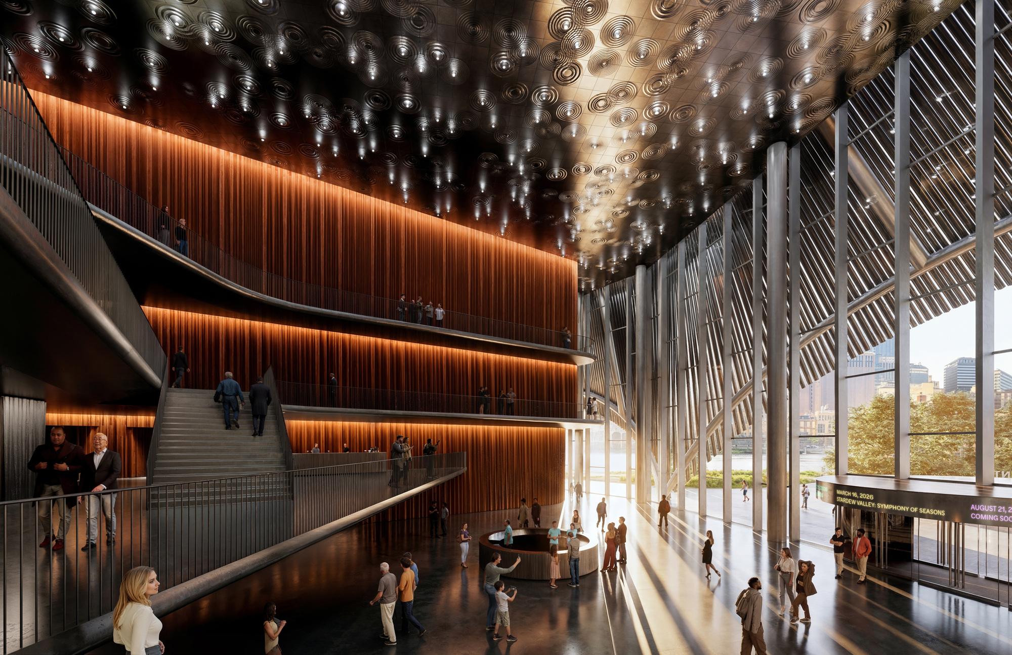 Double-height lobby with terraced seating, vertical timber-clad walls, and cascading metal screens near glass curtain wall