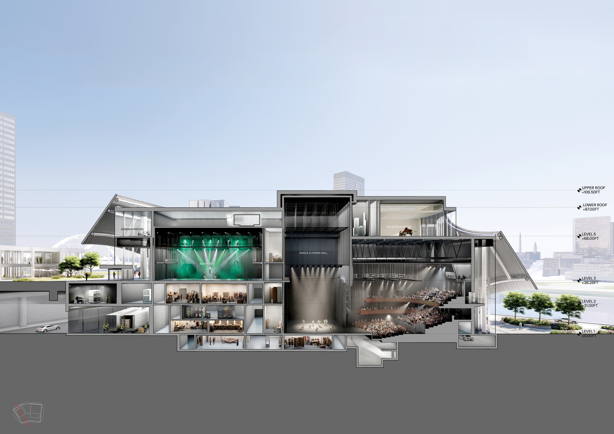 Section drawing showing stacked performance spaces, circulation routes, and surrounding urban context with skyline