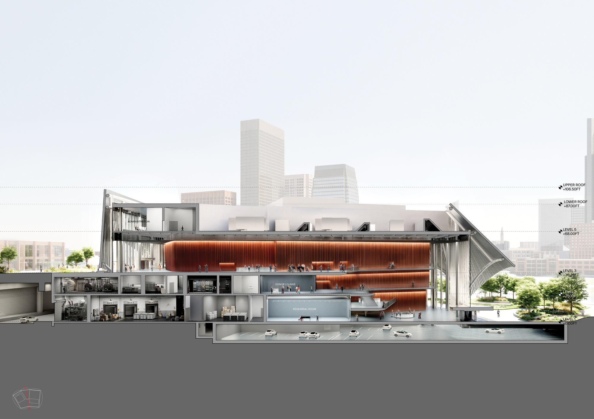 Section drawing showing multilevel interior spaces with a timber-clad auditorium volume and urban skyline beyond