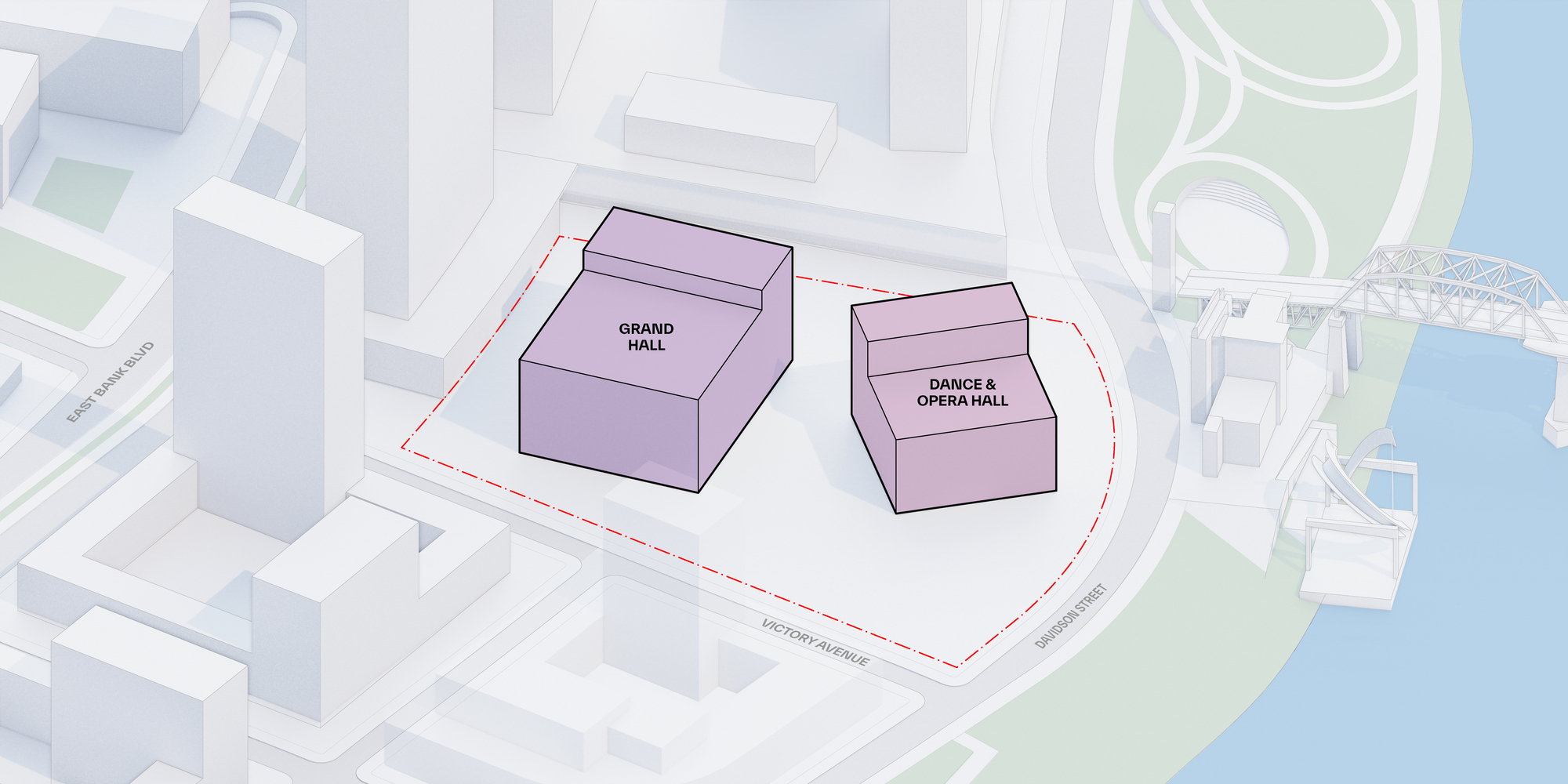 Axonometric massing diagram showing two volumes labeled as performance halls within the site boundary