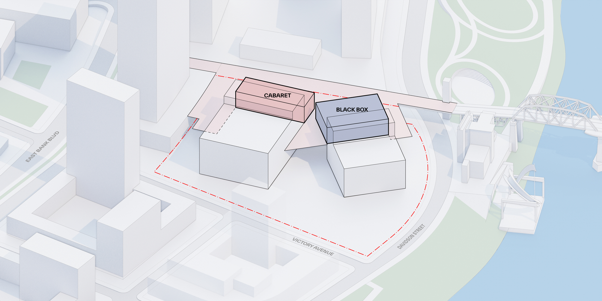 Axonometric diagram showing additional cabaret and black box volumes inserted among the primary halls