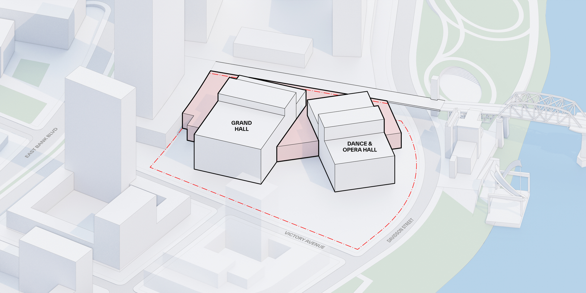 Axonometric diagram showing linking structures and circulation spaces connecting the performance hall volumes