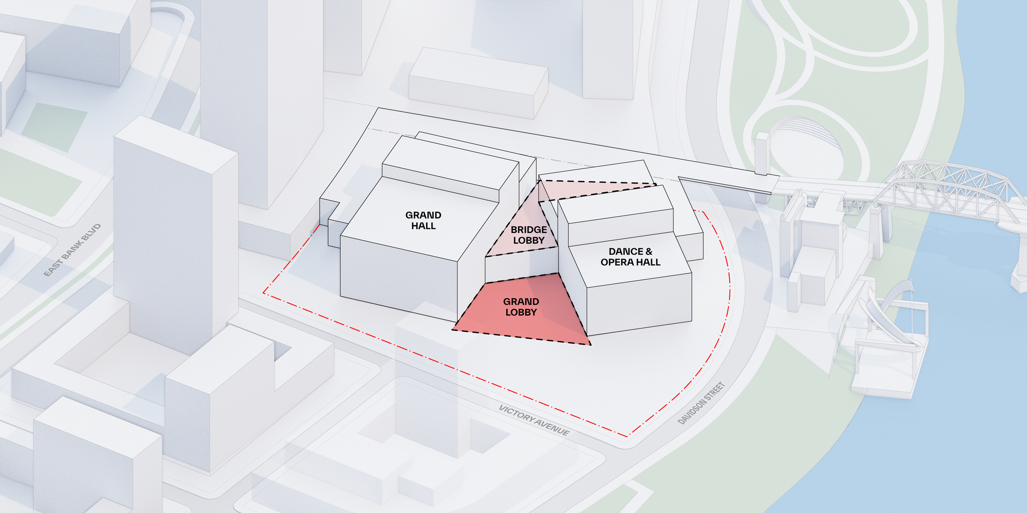 Axonometric diagram highlighting the triangular grand lobby between the two performance halls