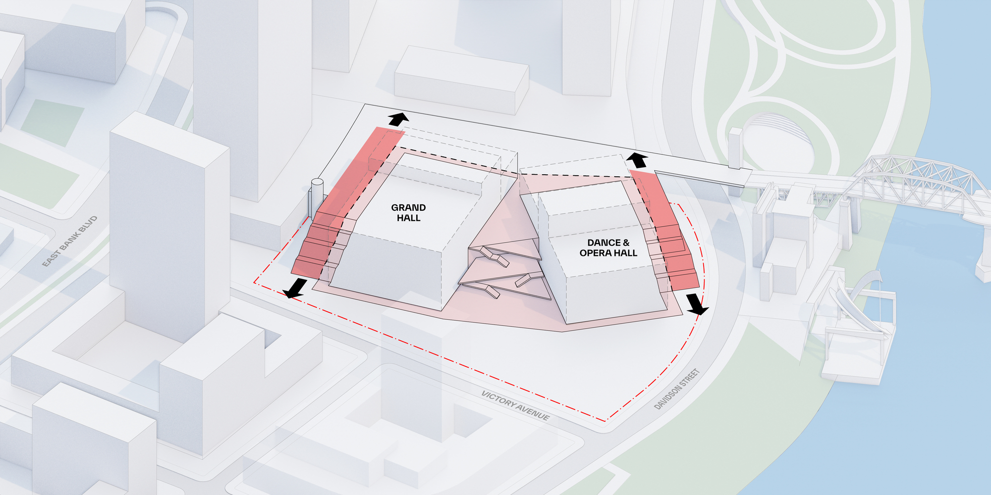 Site diagram showing the four corner circulation towers framing the central halls