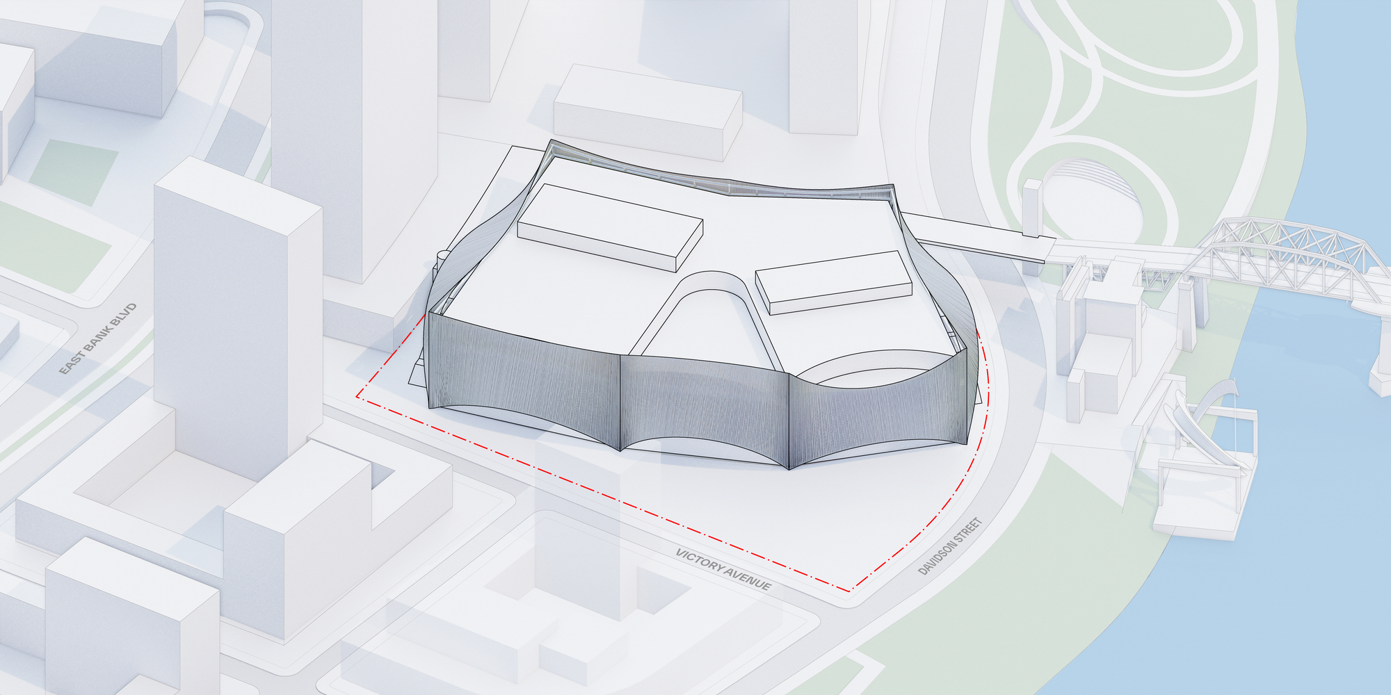 Axonometric drawing of the faceted building massing with perimeter circulation wrapping the site