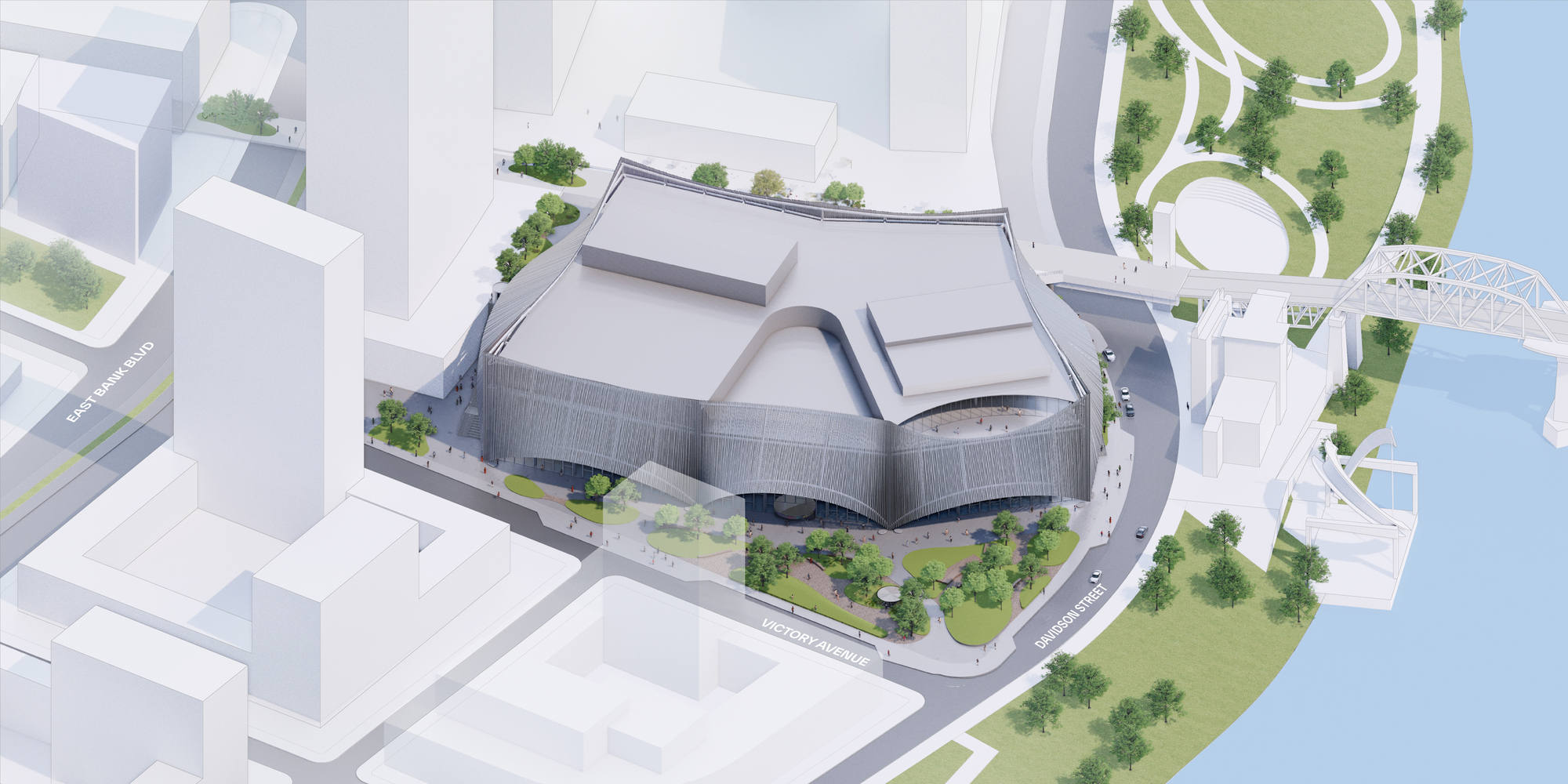 Aerial view of rendered site model depicting the folded roof volumes surrounded by landscaping and streets