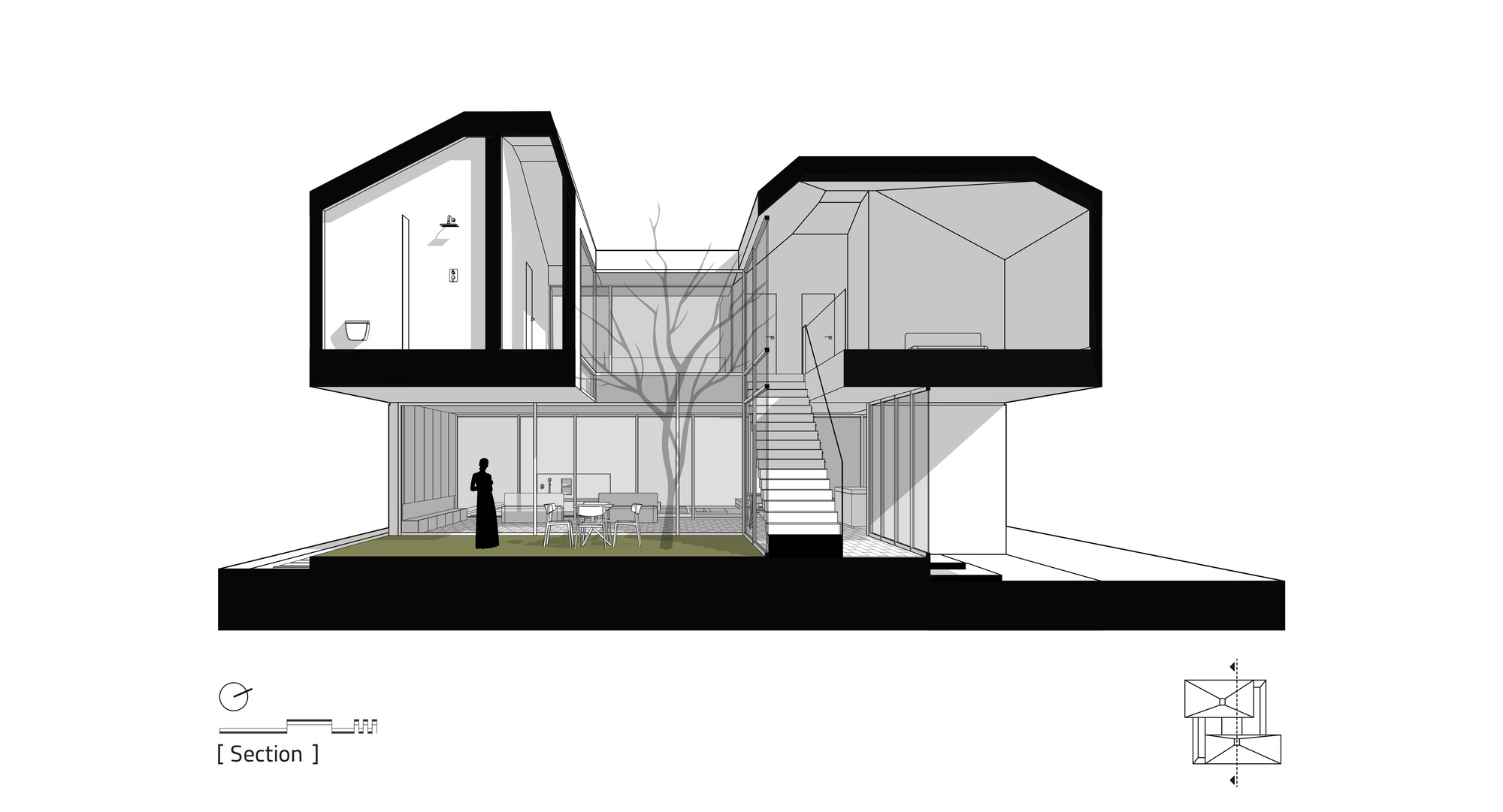 Section drawing showing two stacked volumes connected by a central stair around a tree