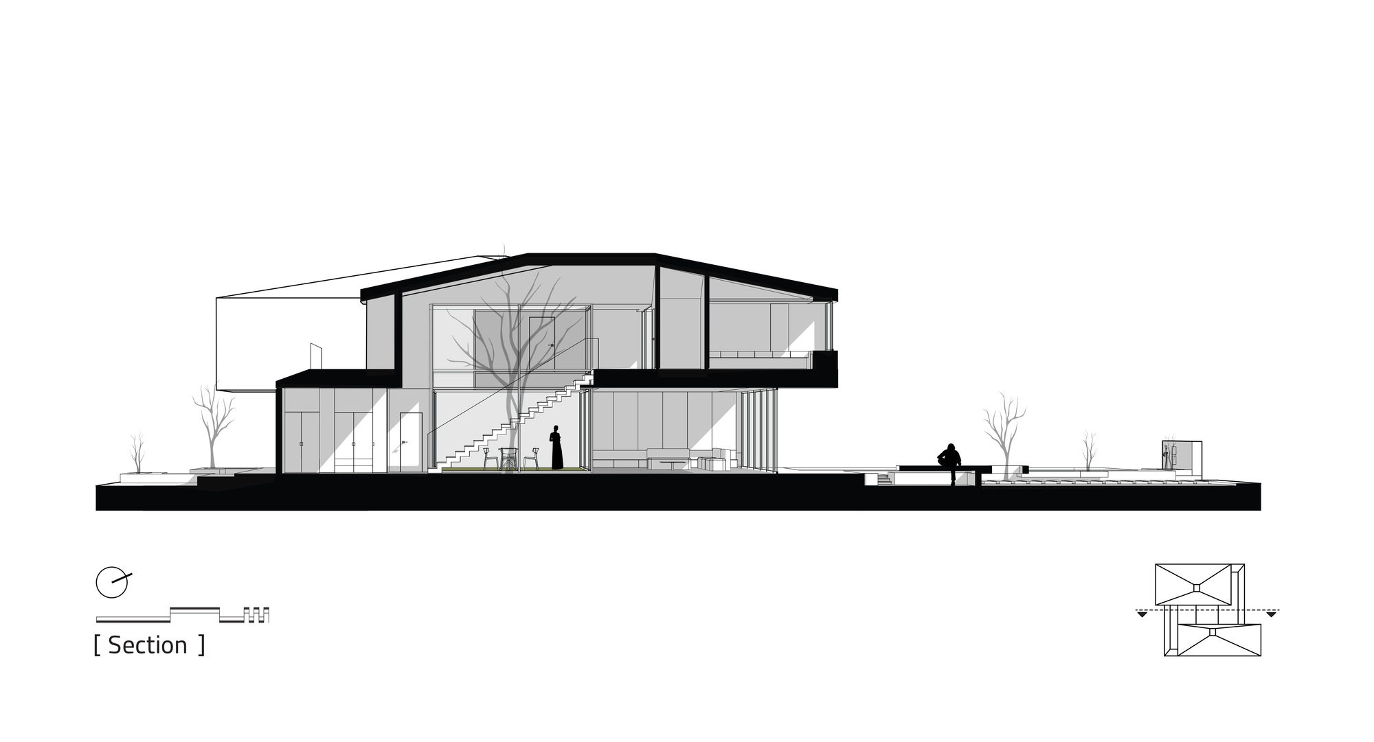 Section drawing showing the residence with trees on either side and figures on the ground plane